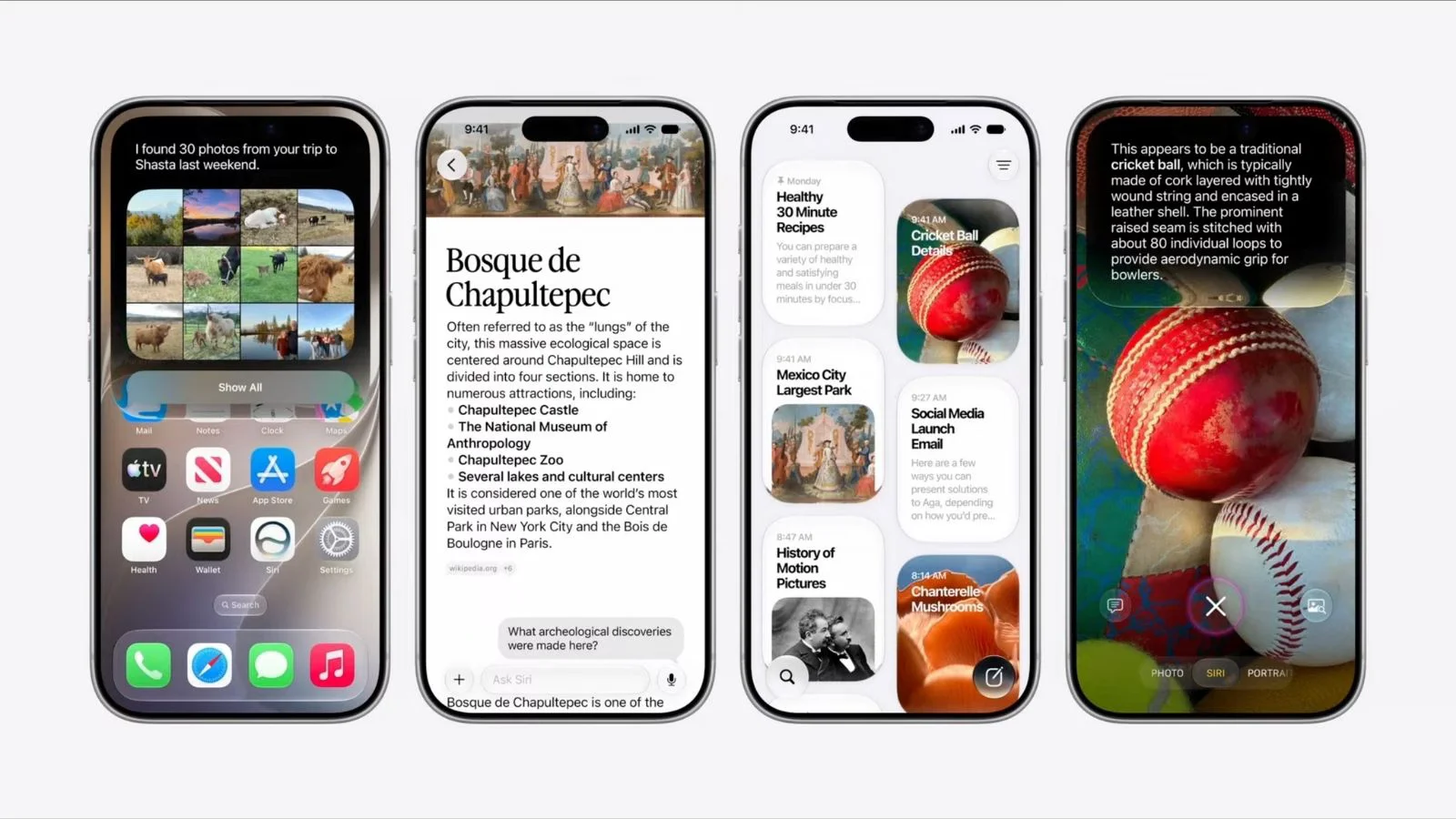 Varios iPhone muestran a Siri AI buscando fotos, respondiendo preguntas y reconociendo objetos en iOS 27