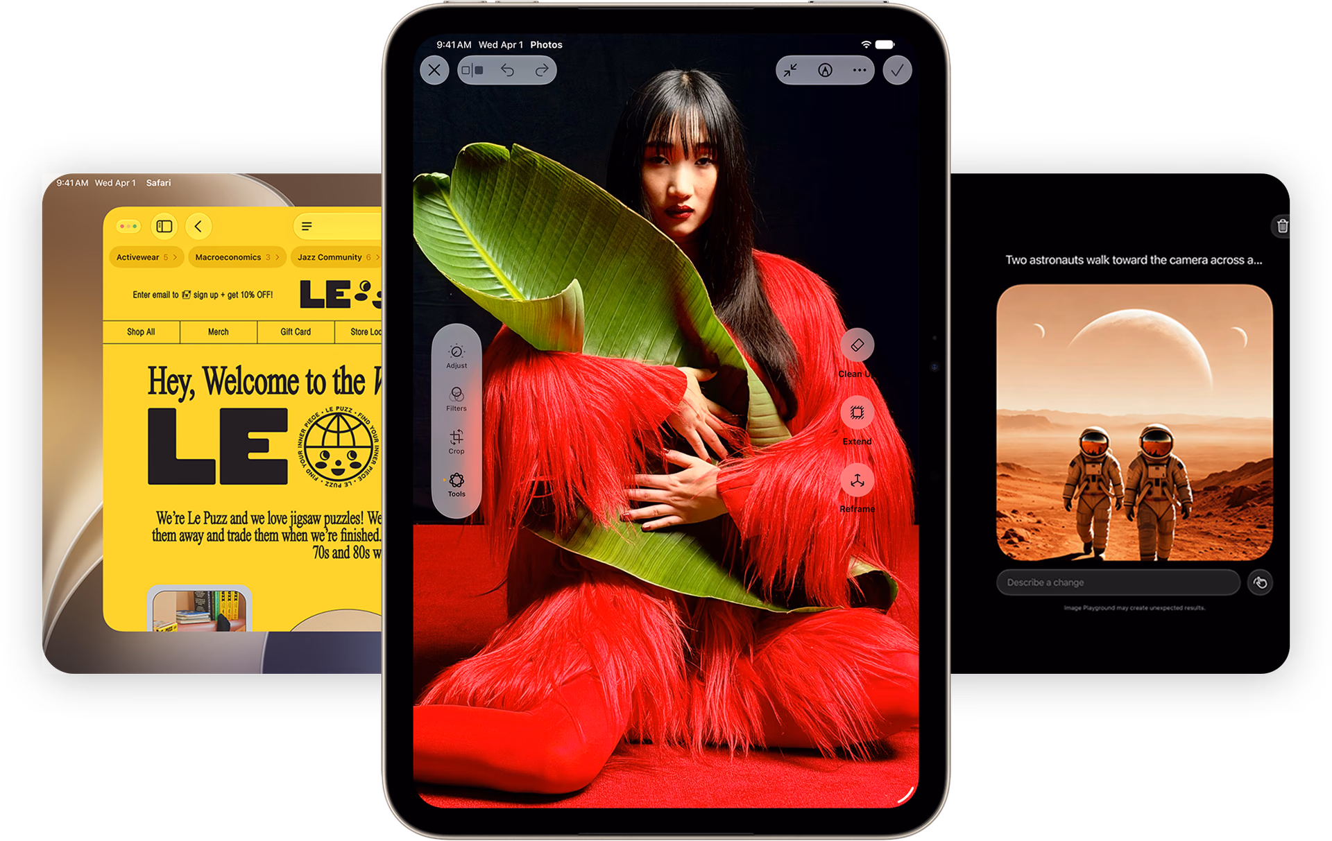 iPad mini in portrait orientation with Photos and other iPadOS apps in the background