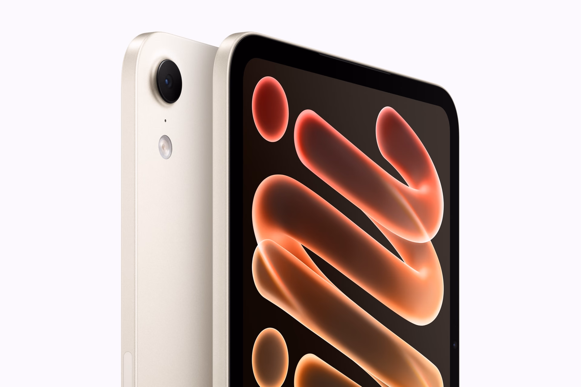 Front and back of the iPad mini in Starlight with an orange wallpaper