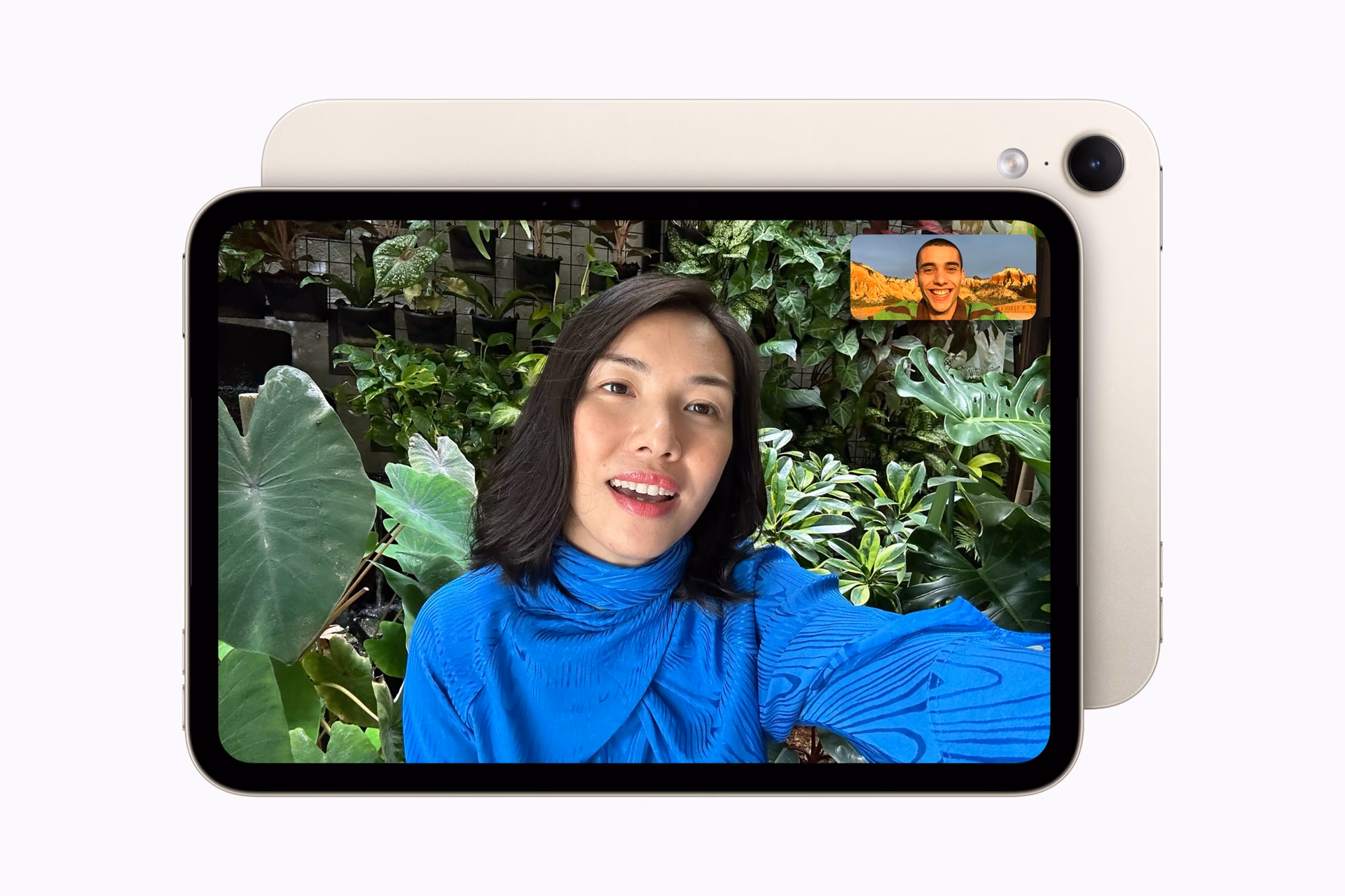 iPad mini in Starlight showing a FaceTime video call in landscape