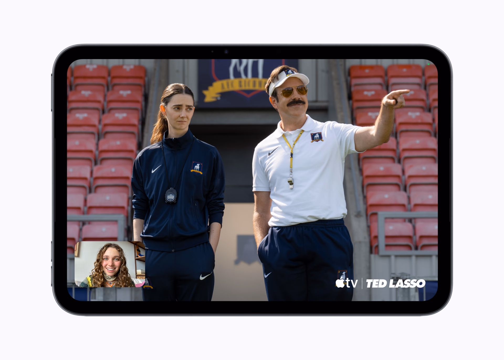 A scene from Ted Lasso shared on the iPad mini via SharePlay during a video call