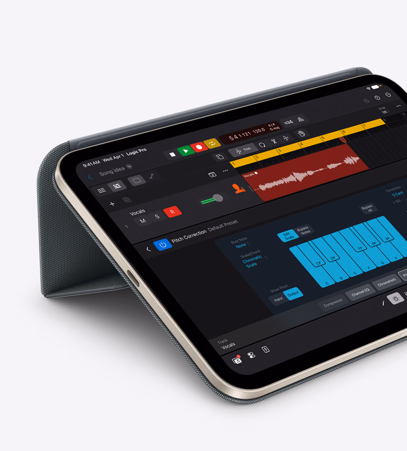 iPad mini propped up in a case with a multitrack audio project on screen