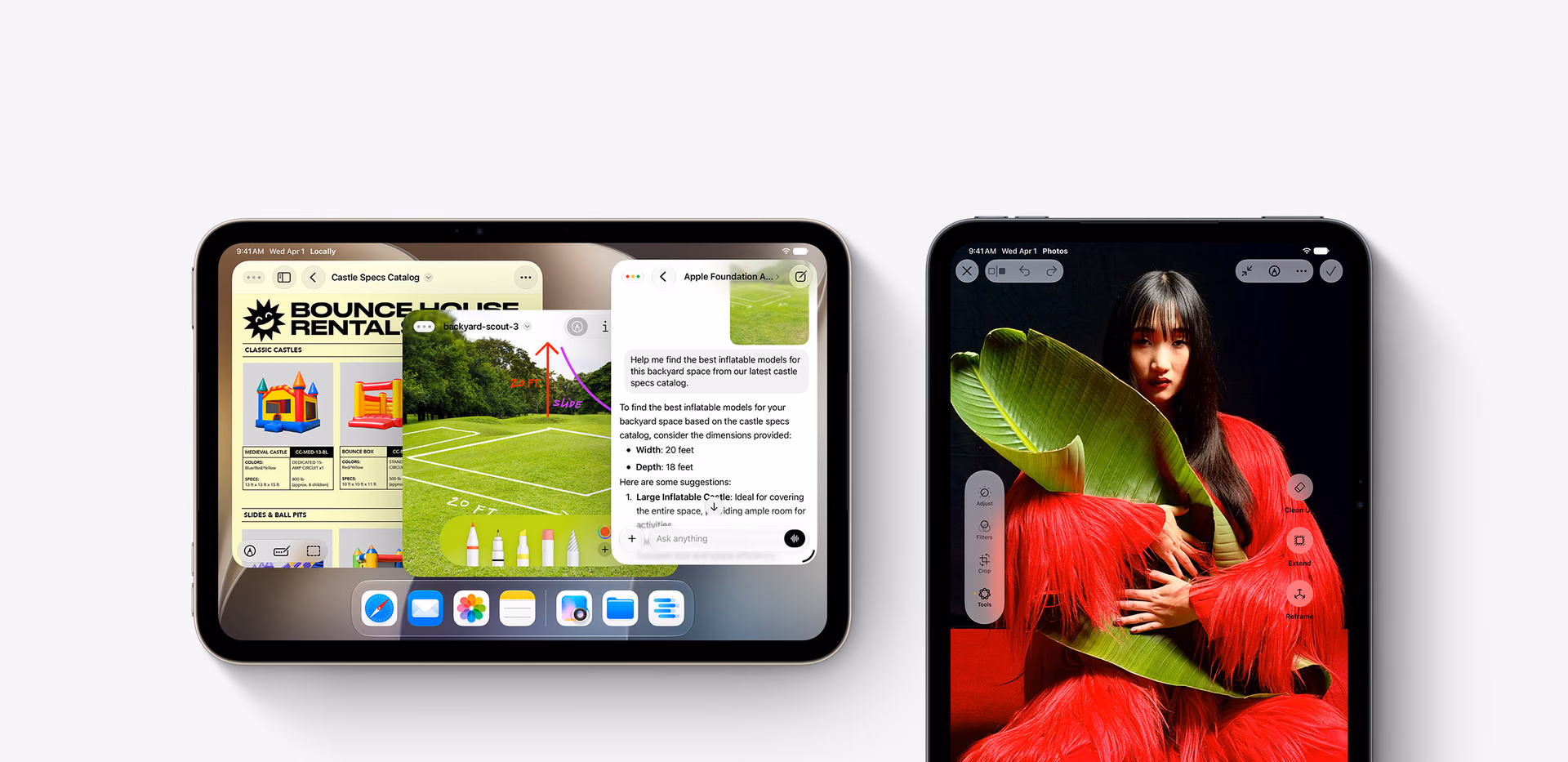 Two iPad mini devices show overlapping work windows and photo editing tools