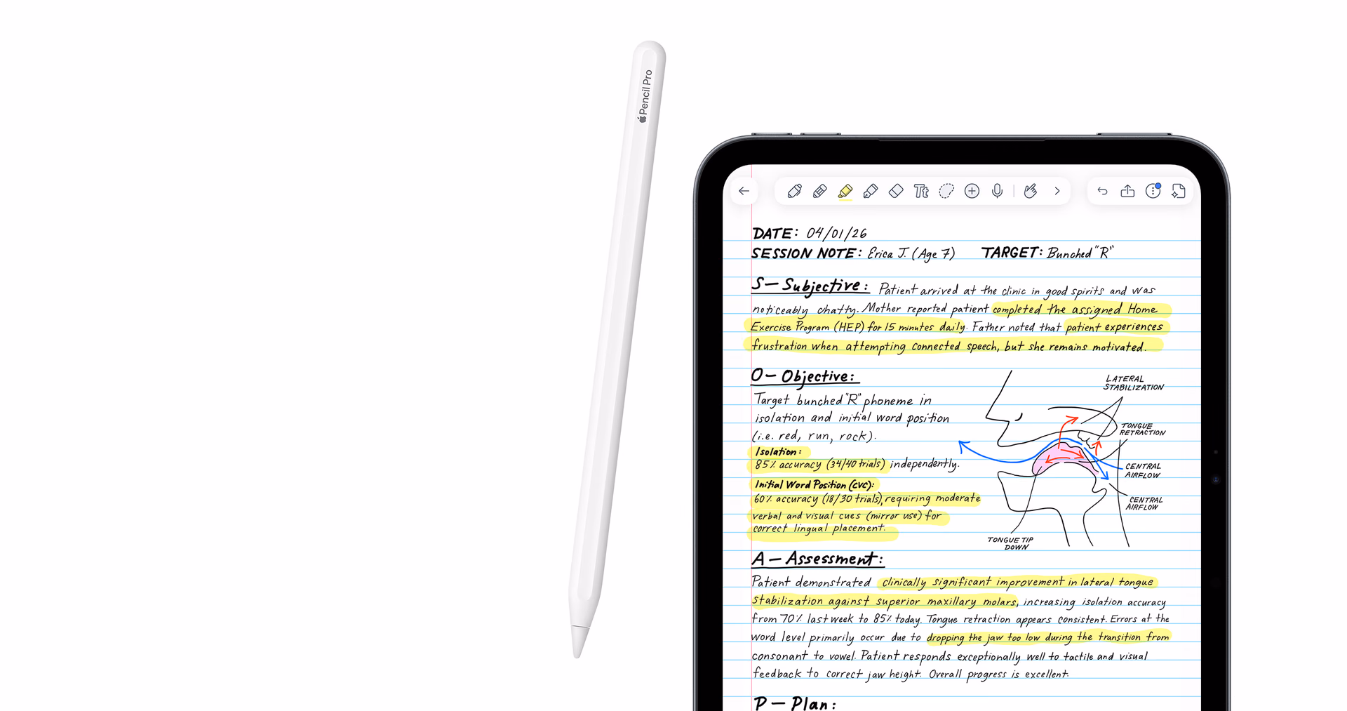 iPad mini with handwritten notes, highlighted text, and an Apple Pencil next to it