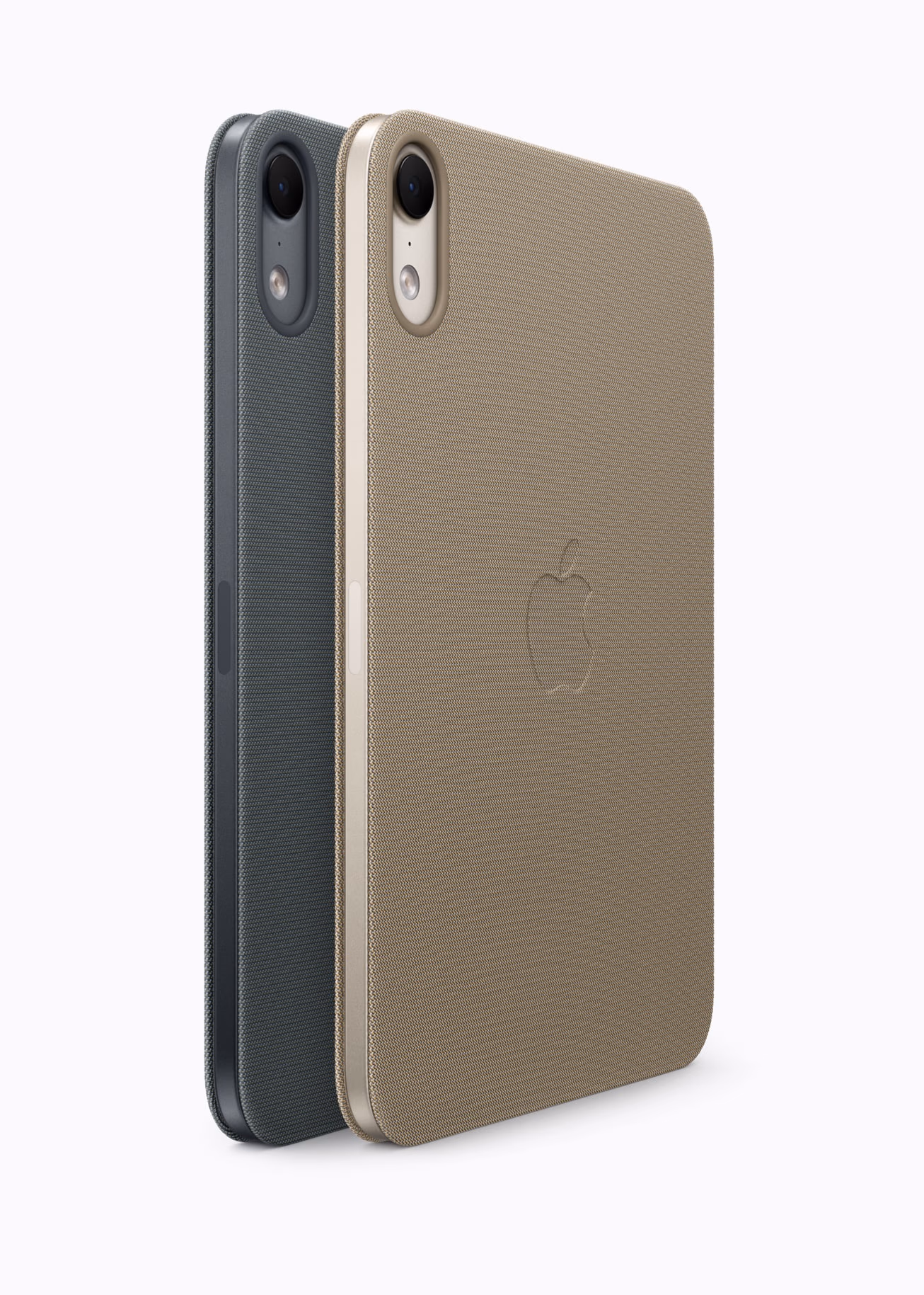 Two iPad mini devices seen from the back with dark and light Smart Folio cases