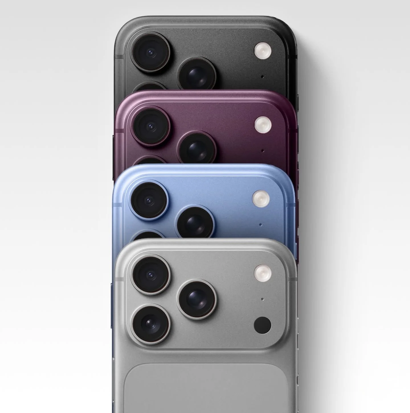 Sample of the iPhone 18 Pro’s Light Blue, Dark Gray, and Silver colors on a neutral background, with matte finishes.