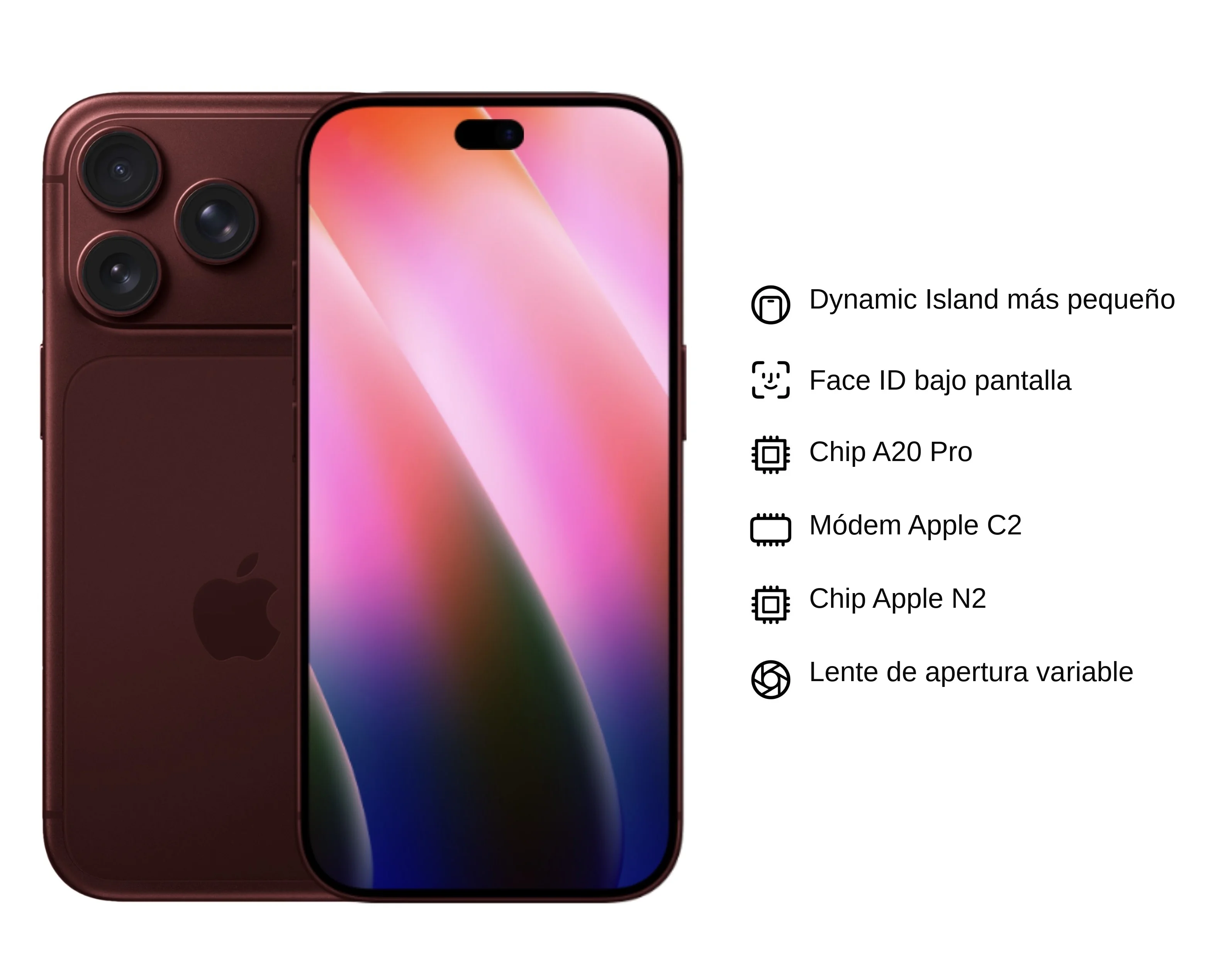 Leaked render of the iPhone 18 Pro in Dark Cherry with the key new features: smaller Dynamic Island, under-display Face ID, A20 Pro, C2 modem, and variable aperture.