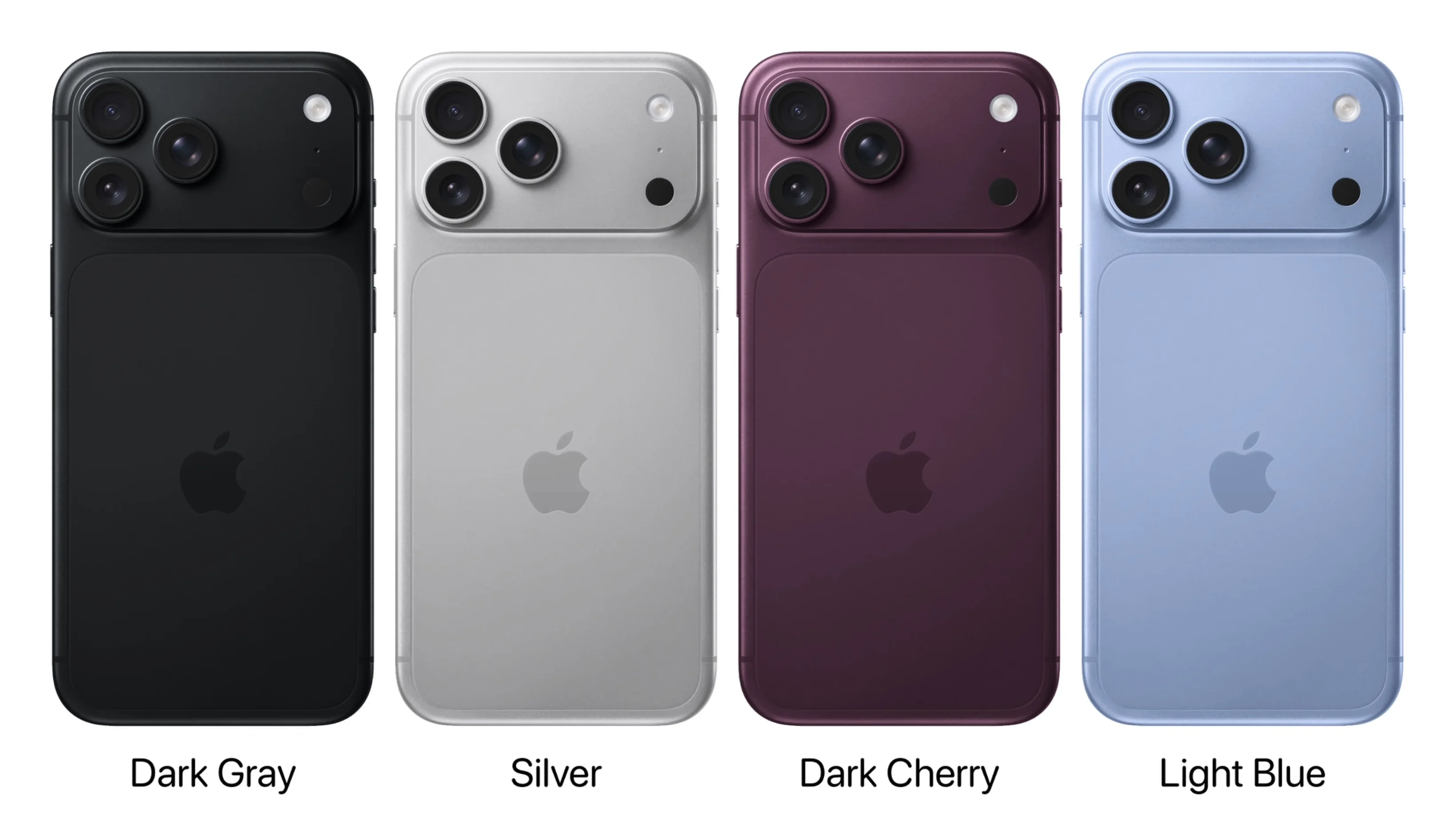 Leaked iPhone 18 Pro color palette with the four shades: Dark Cherry (Pantone 6076), Light Blue (Pantone 2121), Dark Gray (Pantone 426C), and Silver (Pantone 427C).