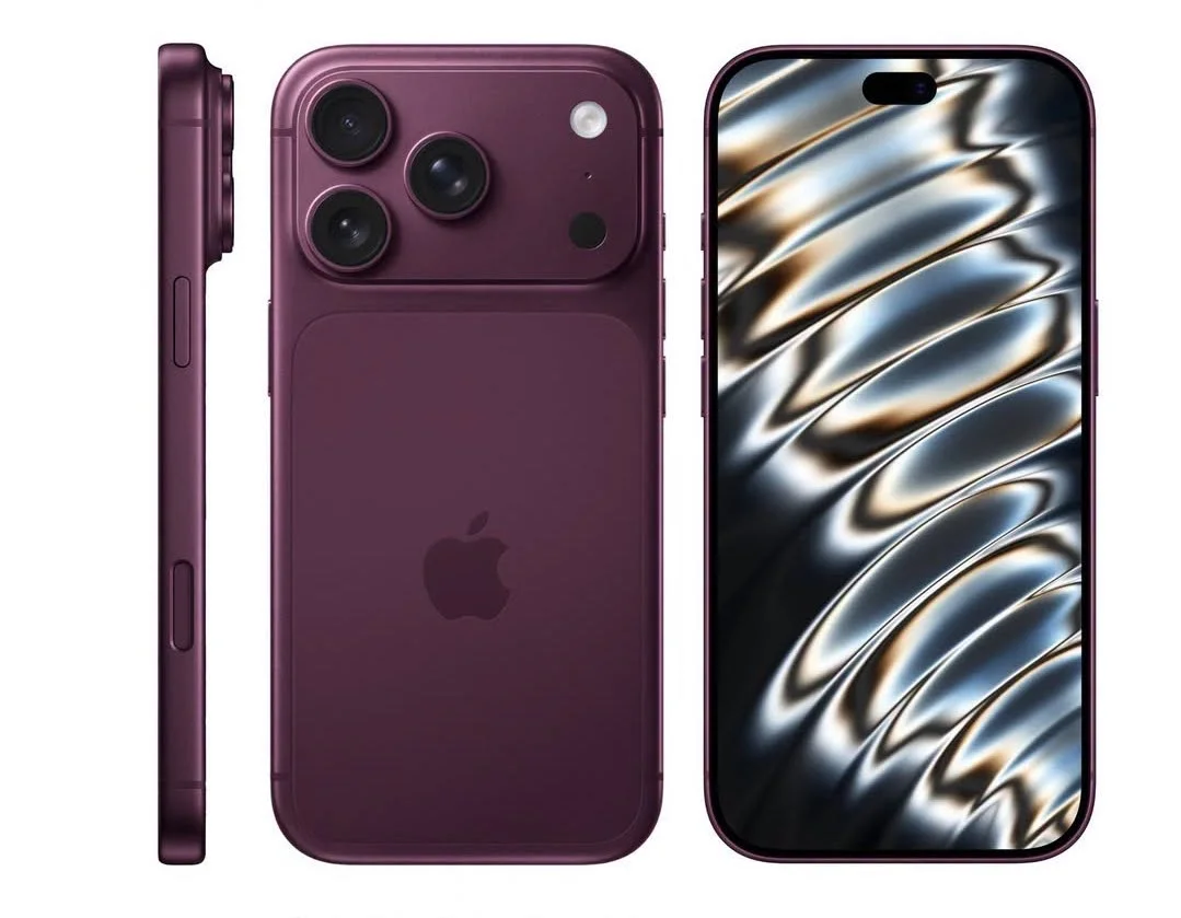 Render conceptual del iPhone 18 Pro en Dark Cherry visto de frente, de espaldas y de perfil