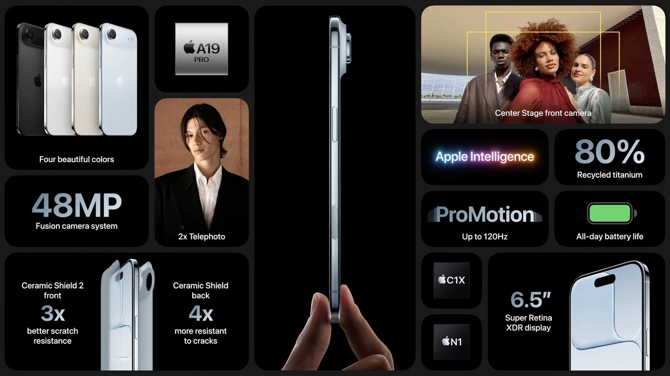 Dark infographic summarizing the device’s features. In the center, two fingers hold the phone from the side to show its thinness. Around it are panels highlighting: 48MP Fusion camera system, A19 Pro chip, 6.5-inch Super Retina XDR display, 80% recycled titanium, Apple Intelligence, and four color options.