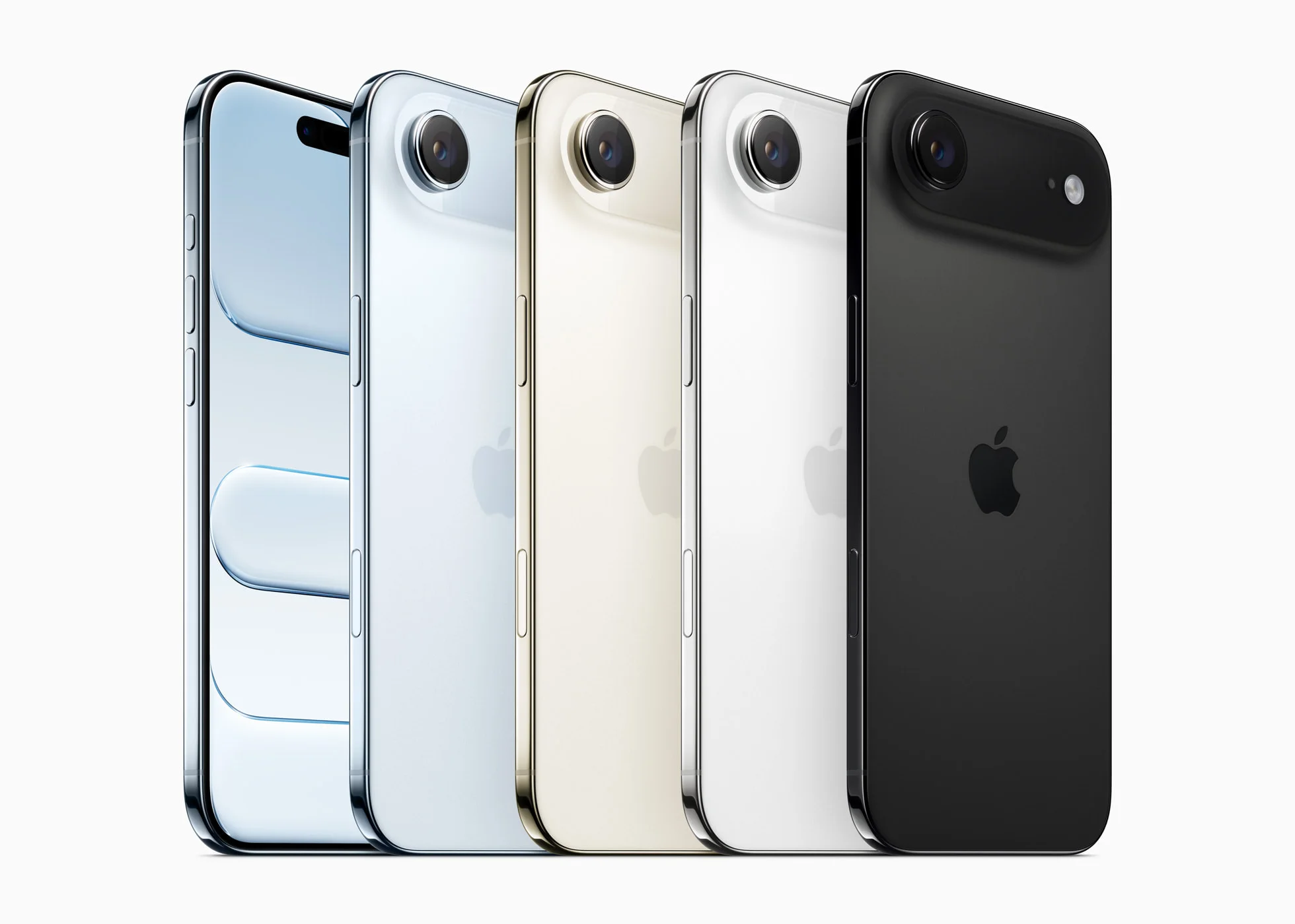 Four iPhones aligned diagonally, showing the available color palette: ice blue, cream/light gold, silver white, and matte black.