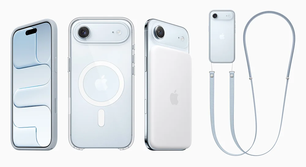 Collection of accessories and phone views. From left to right: front view of the iPhone display, a clear case with the MagSafe ring, the phone with a white battery pack accessory attached to the back, and a small protective case with a long cord-style strap for hanging.