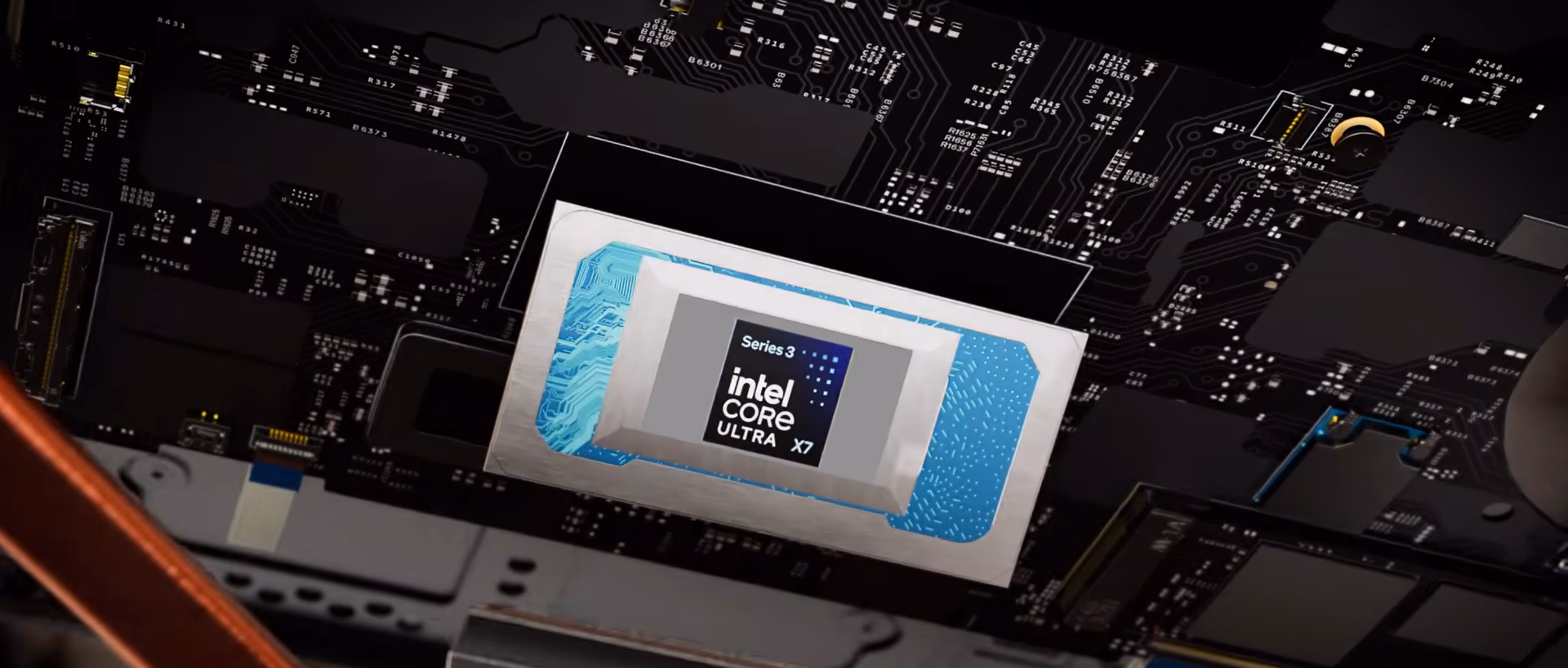 Render del chip Intel Core Ultra X7 Series 3 montado sobre la placa base del portátil