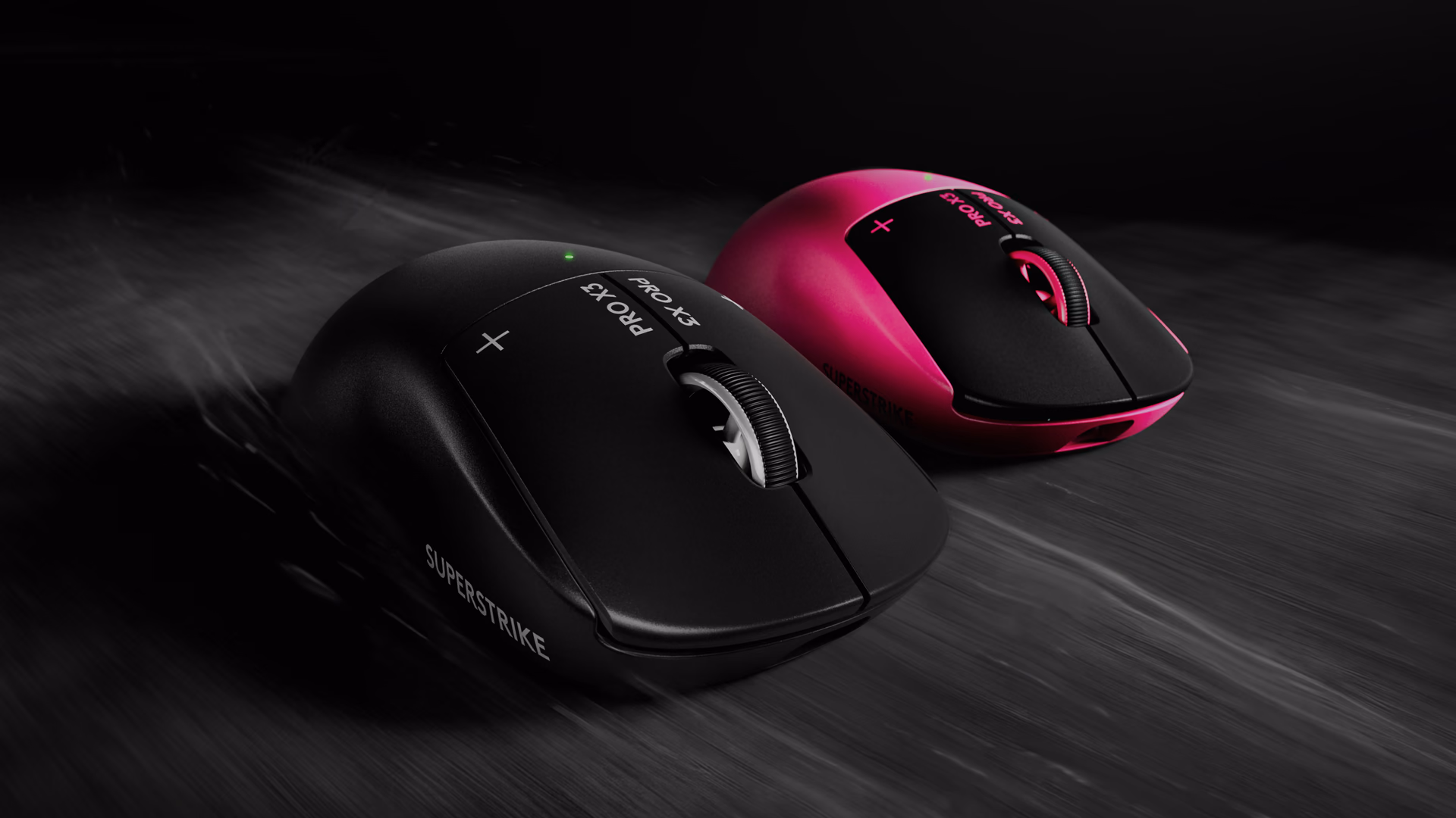 Two PRO X3 SUPERSTRIKE mice, one black and one magenta, on a dark background