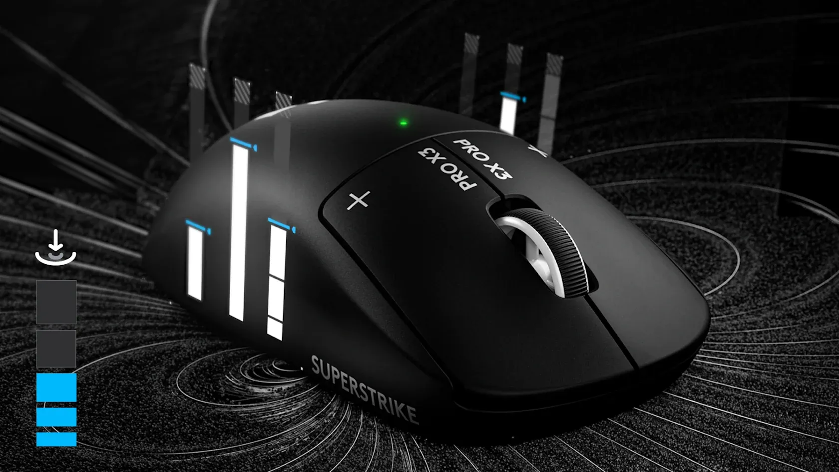 PRO X3 SUPERSTRIKE with a bar chart overlaid on the body