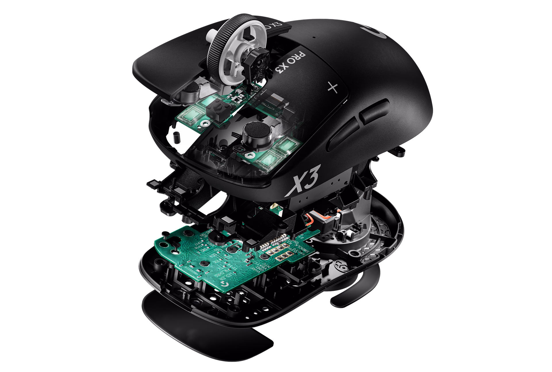 Exploded view of the PRO X3 SUPERSTRIKE with PCB, wheel, and buttons