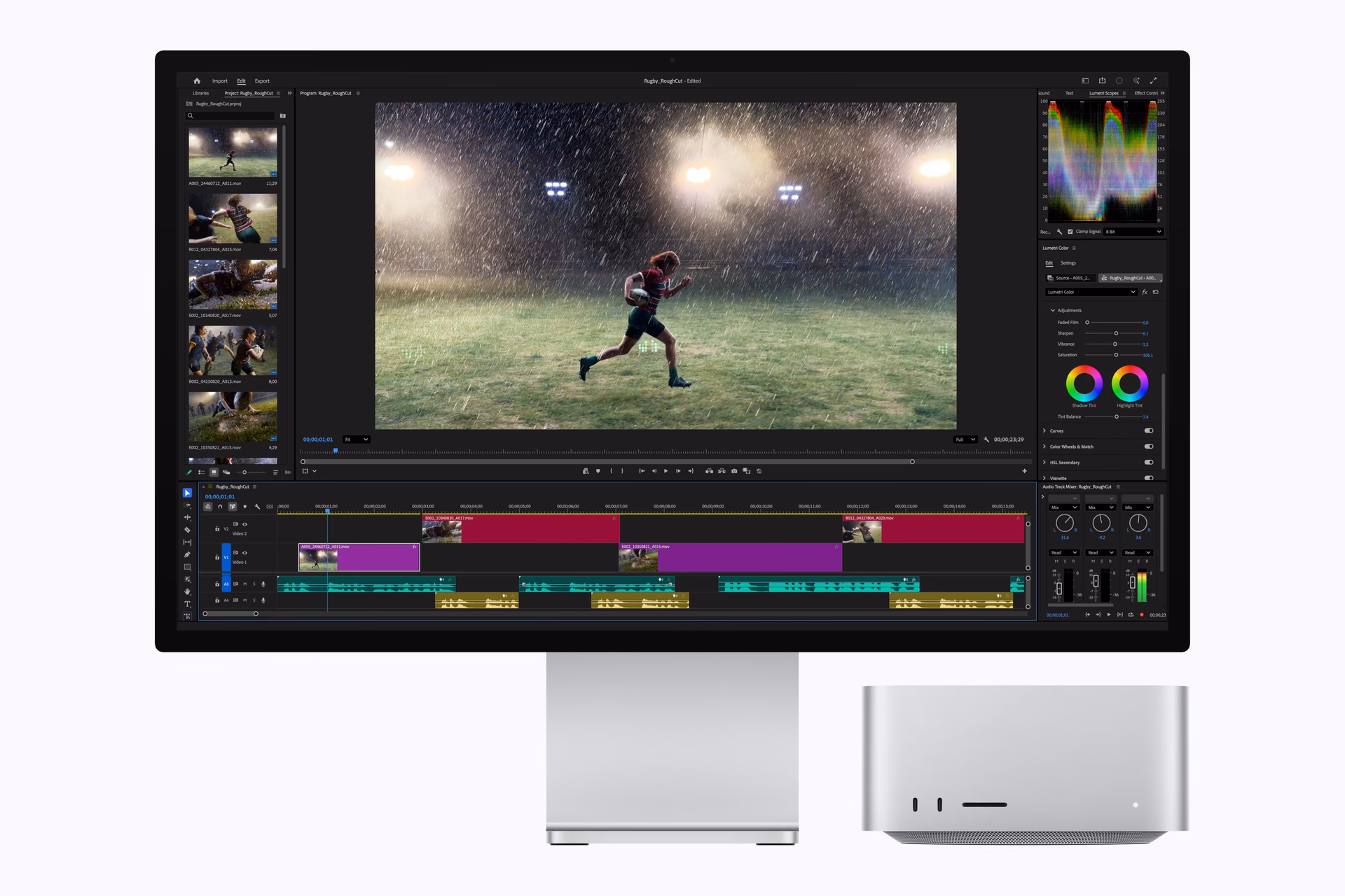 Línea de tiempo con varias capas de video y efectos abierta en Adobe Premiere Pro sobre un Mac Studio con M5 Ultra