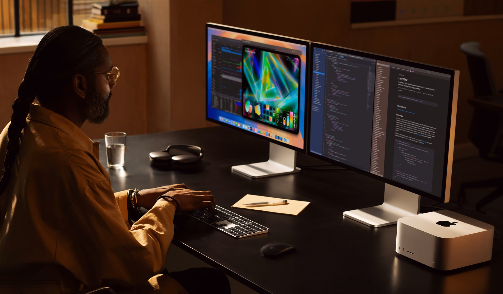 Developer in front of two displays with a Mac Studio on the desk