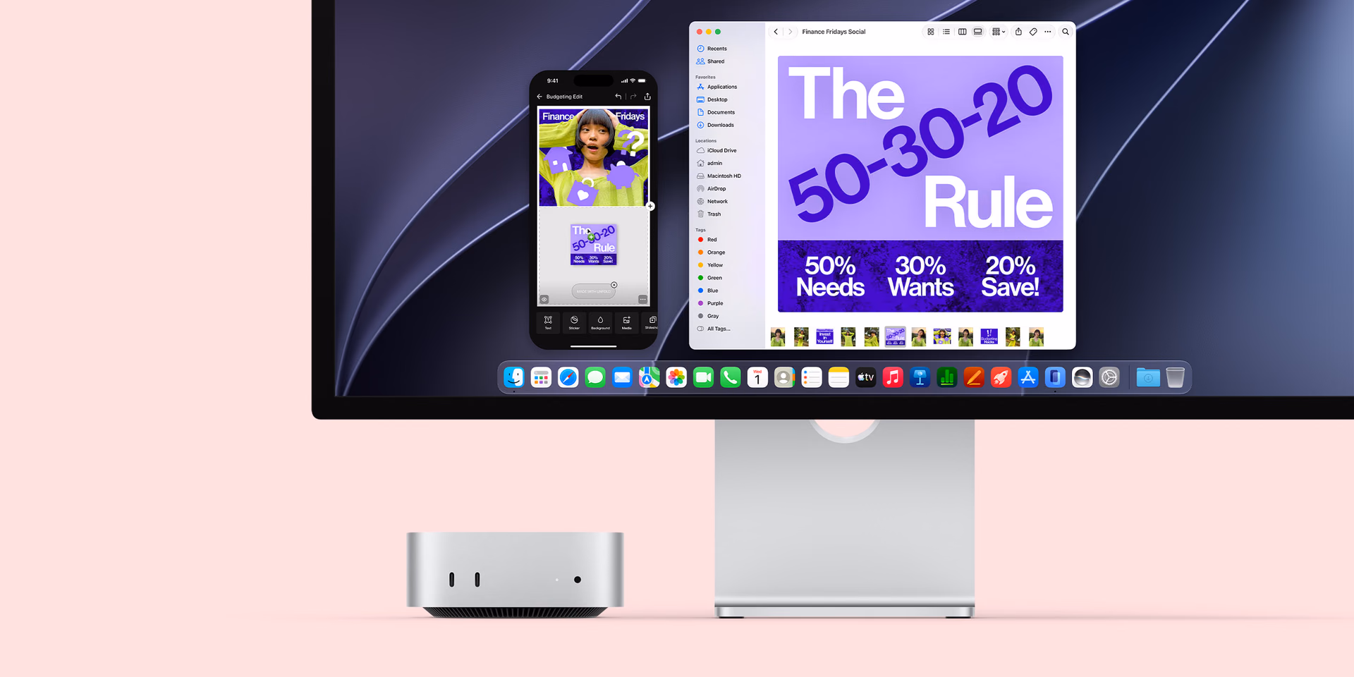 Mac mini apoyado en un escritorio junto a un Studio Display con un iPhone en pantalla
