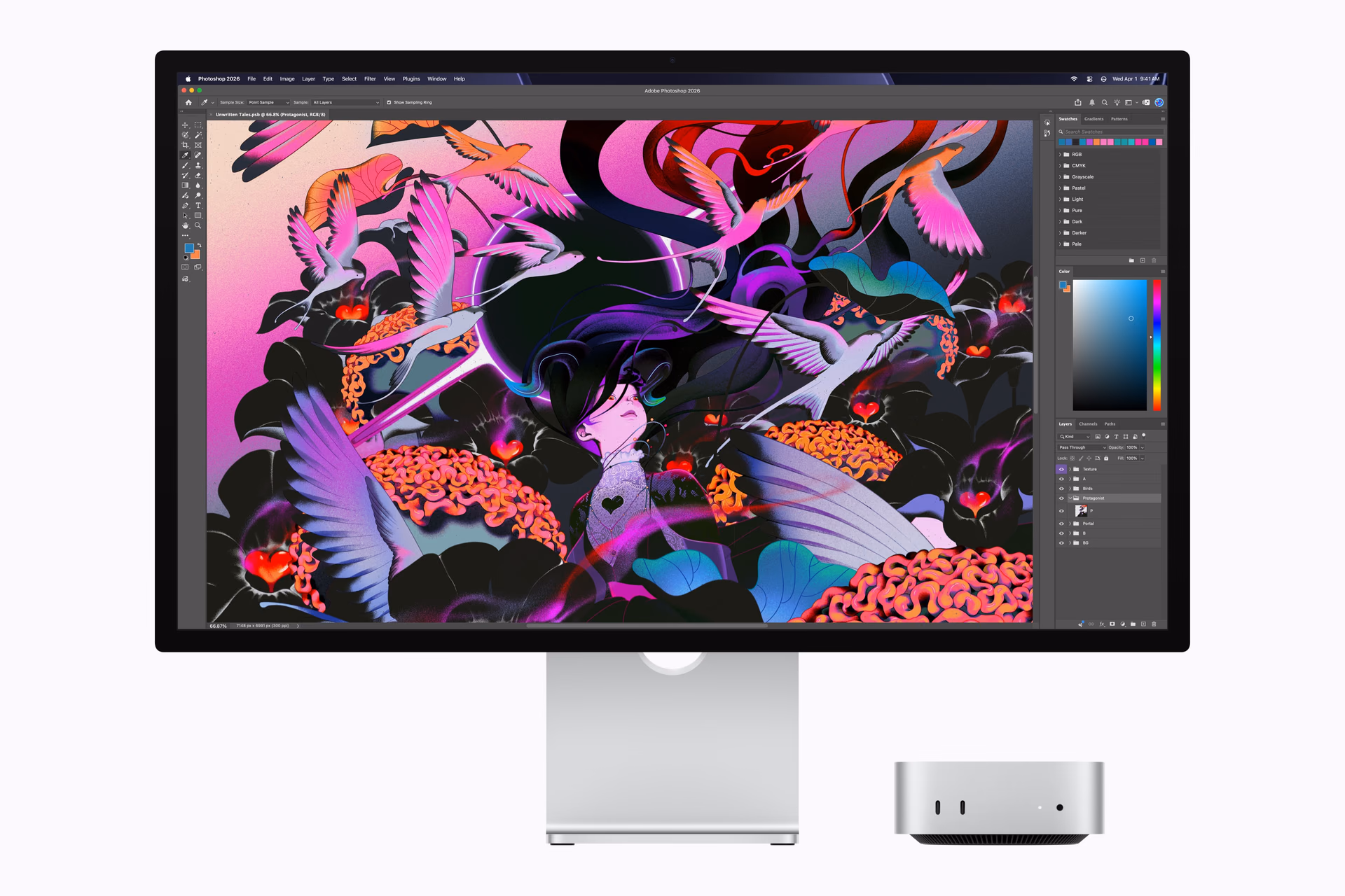 Proyecto de diseño abierto en Adobe Photoshop en un Mac mini con M6