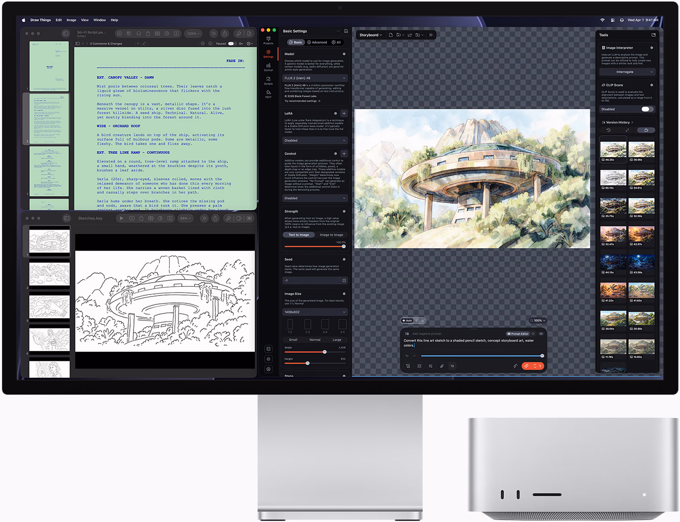 Generación de imágenes por IA en pantalla con un Mac Studio con M5 Ultra