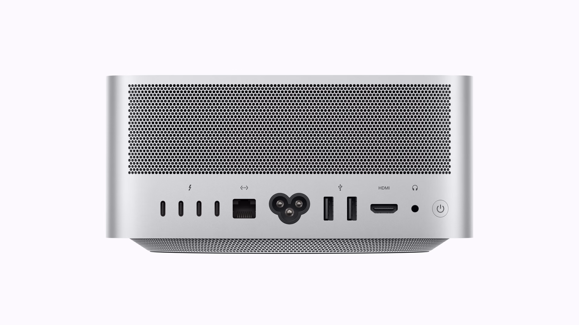 Vista trasera del Mac Studio con cuatro puertos Thunderbolt 5, Ethernet, dos USB-A y HDMI