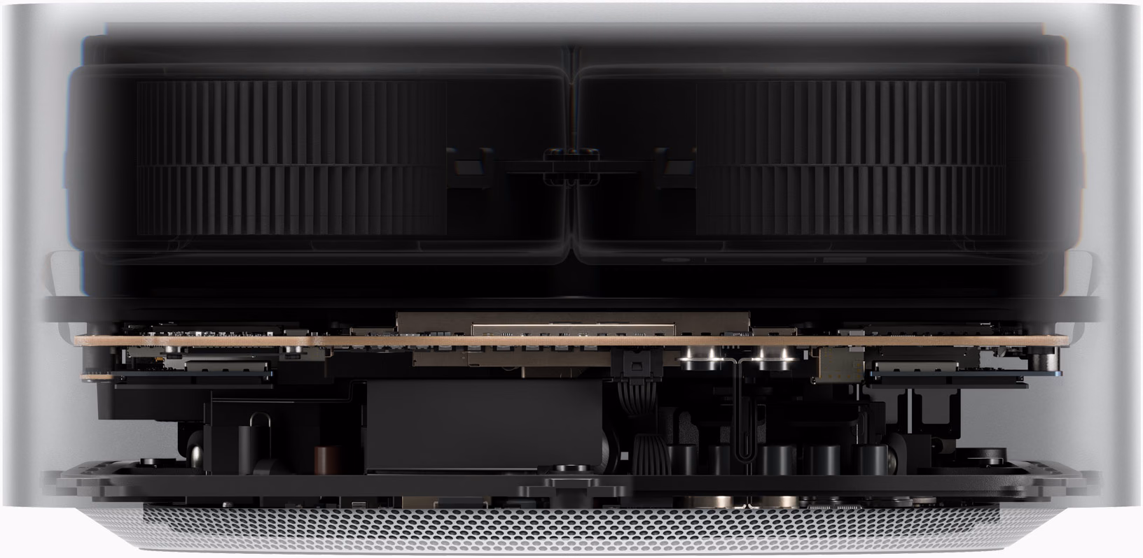 Render del interior del Mac Studio con las dos turbinas y la placa lógica