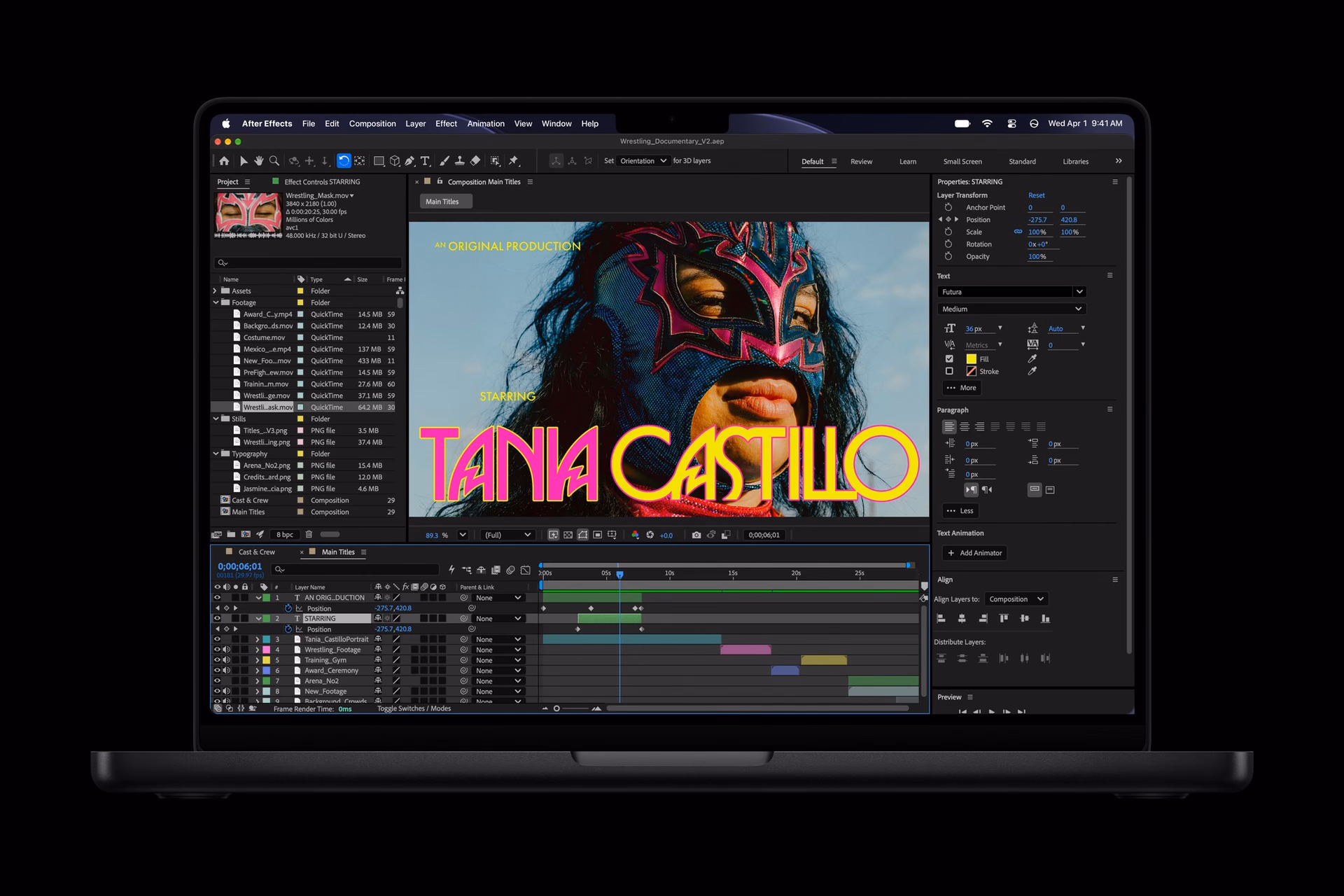 Composition with multicolor text in After Effects on MacBook Pro