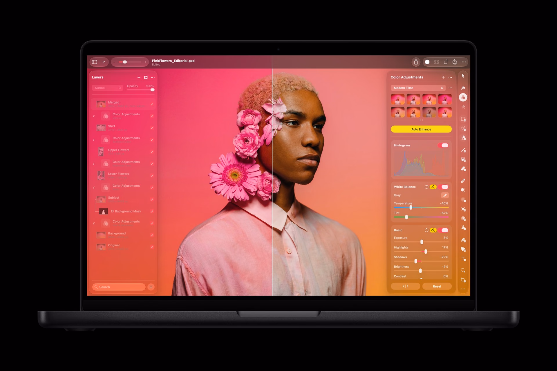 Portrait with pink flowers edited in Pixelmator Pro