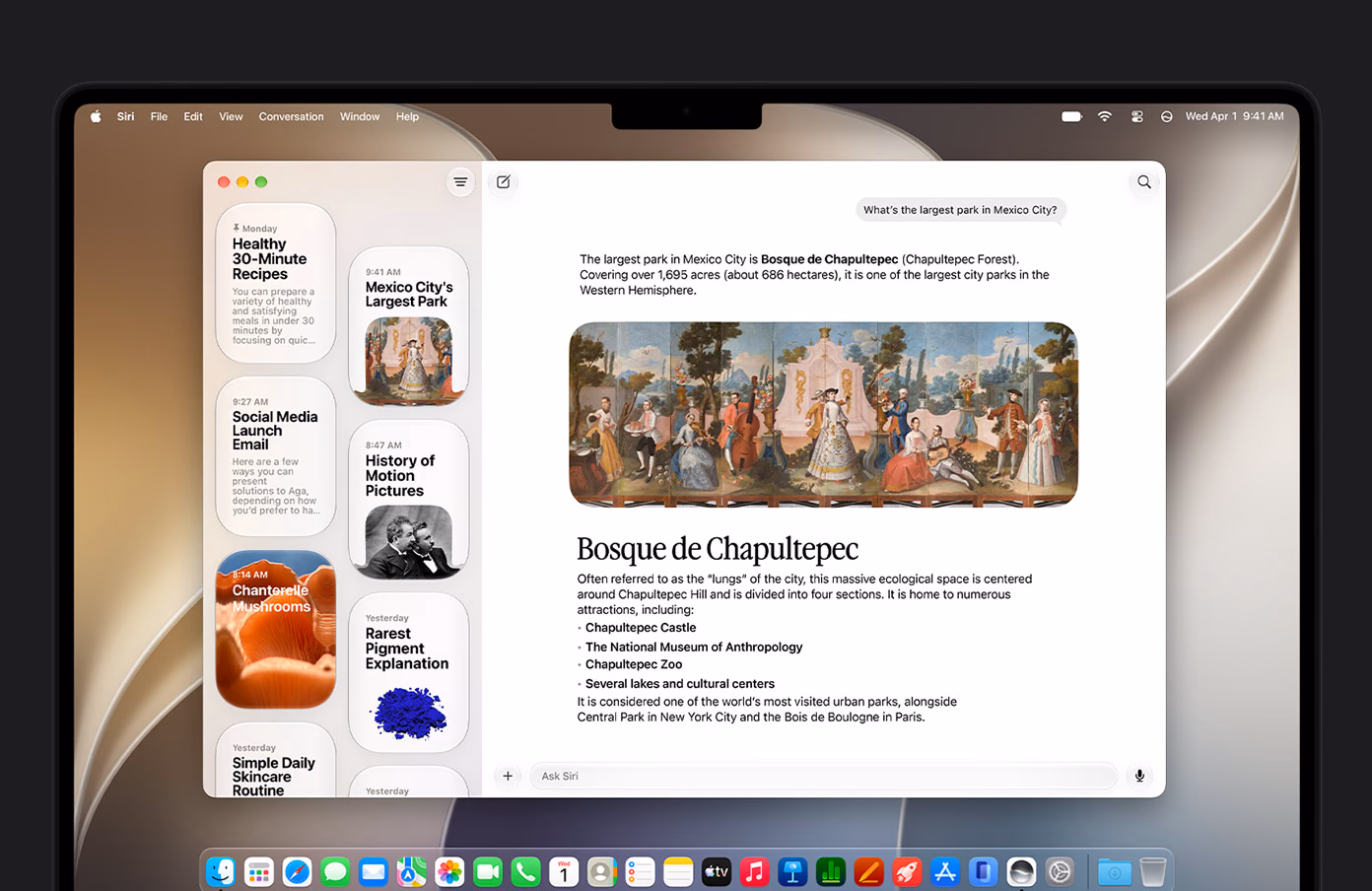 Siri AI next to a document about Chapultepec on MacBook Pro