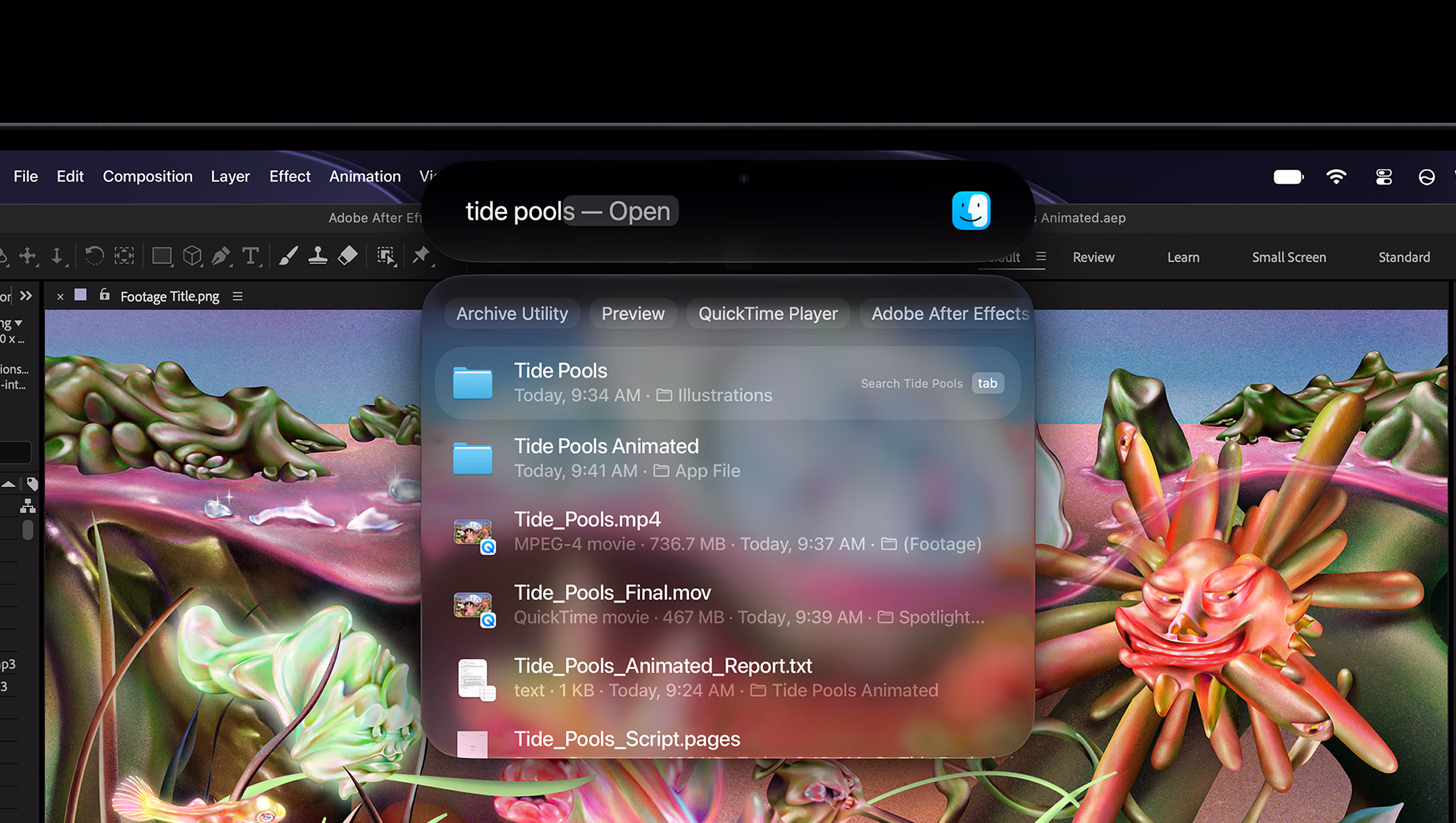 Spotlight muestra resultados bajo la Dynamic Island del Mac