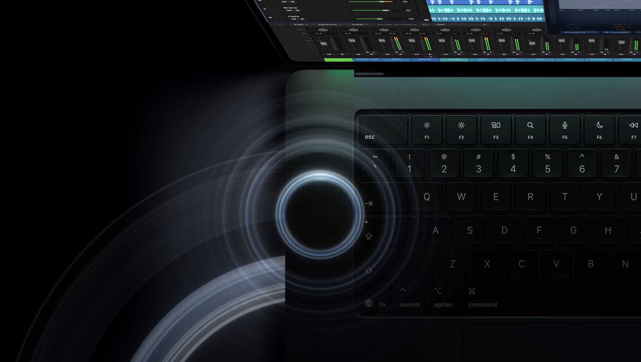 Ondas sonoras alrededor del teclado y altavoz del MacBook Pro