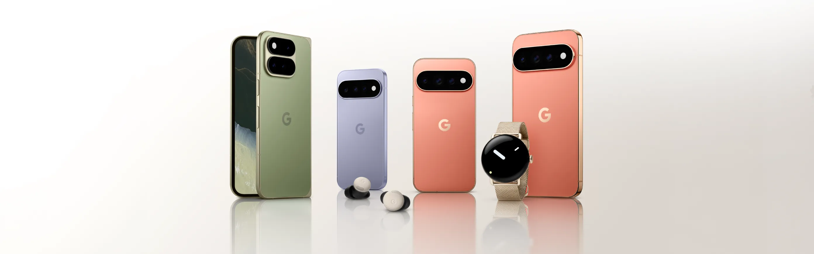 Render oficial de los cuatro Pixel 11 en verde, lavanda y coral junto a los Pixel Buds y el Pixel Watch 5