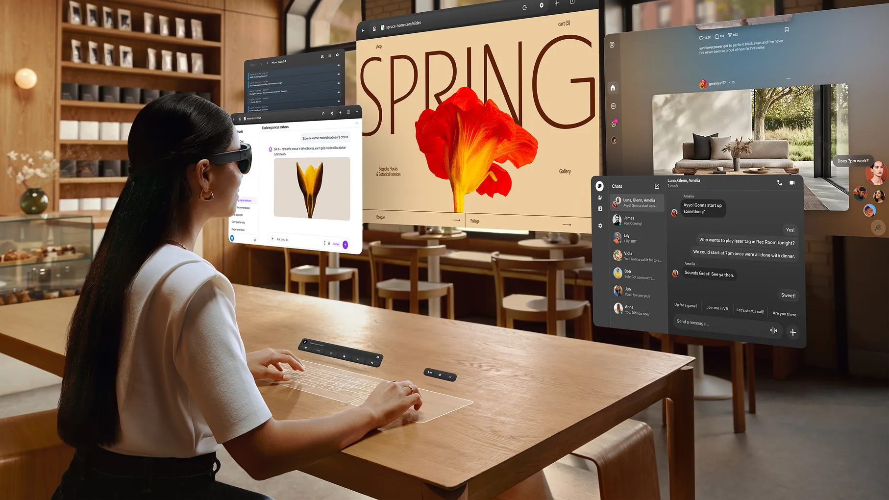 Meta VR Glasses user working with multiple windows and a virtual keyboard