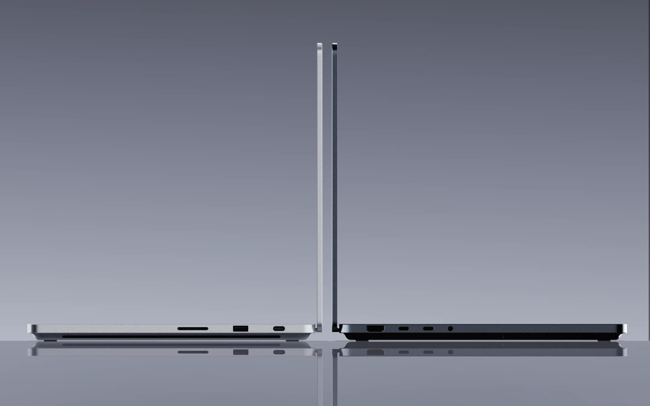 Two Surface Laptop Ultras facing each other in Platinum and Nightfall, showing side ports