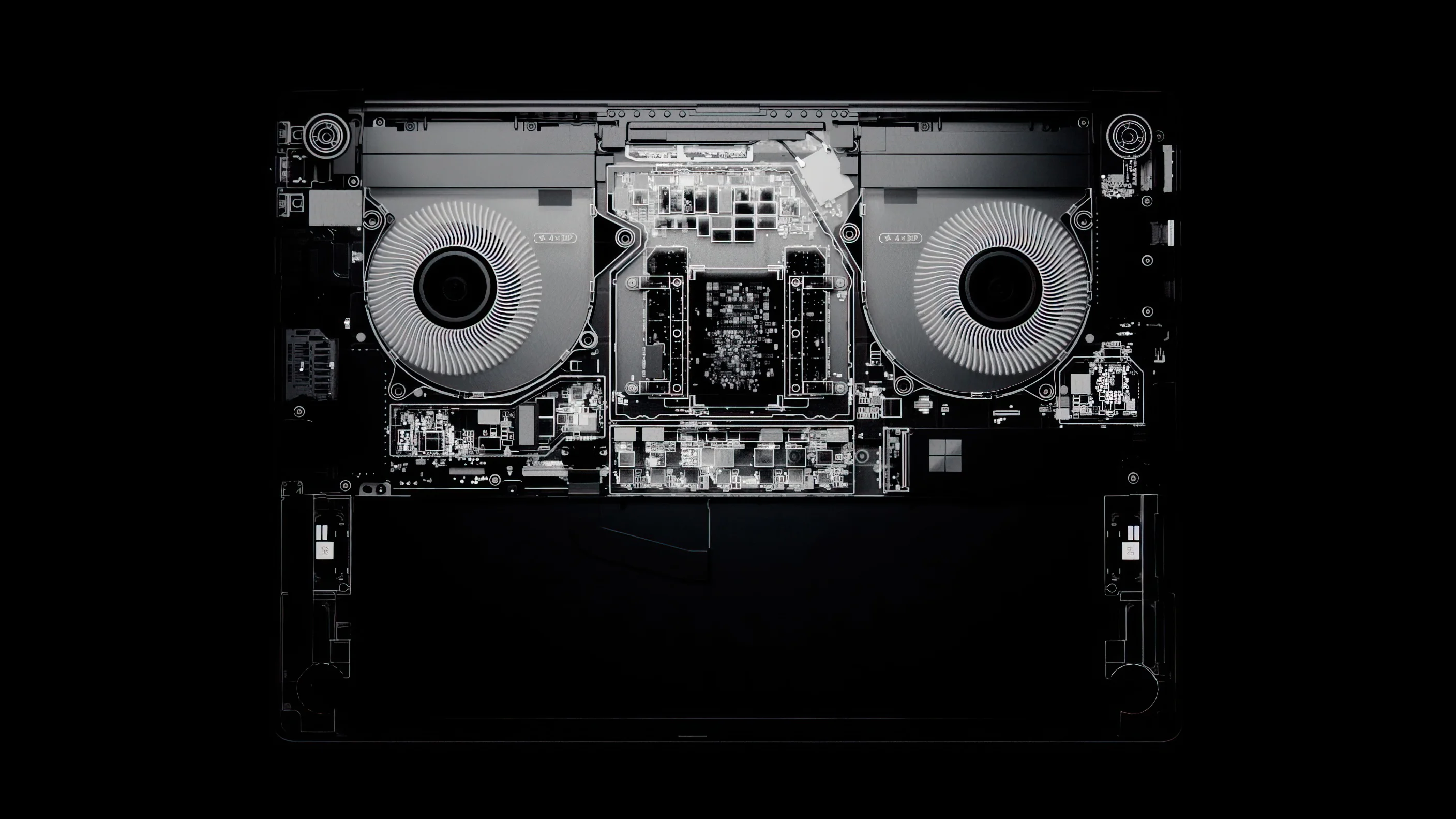 X-ray view of the inside of the Surface Laptop Ultra showcasing the two fans and the central board