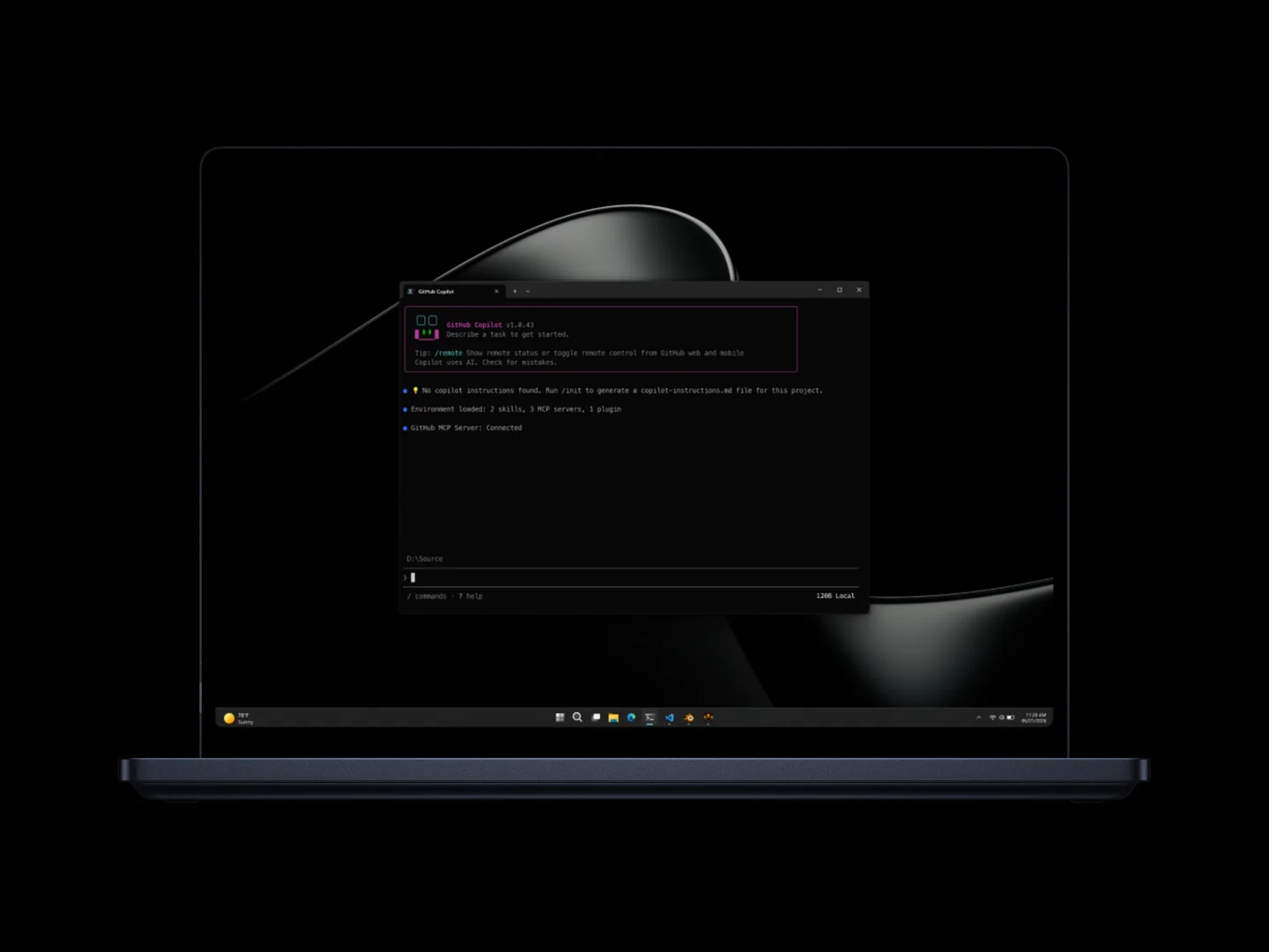 Surface Laptop Ultra running GitHub Copilot in a dark-themed terminal