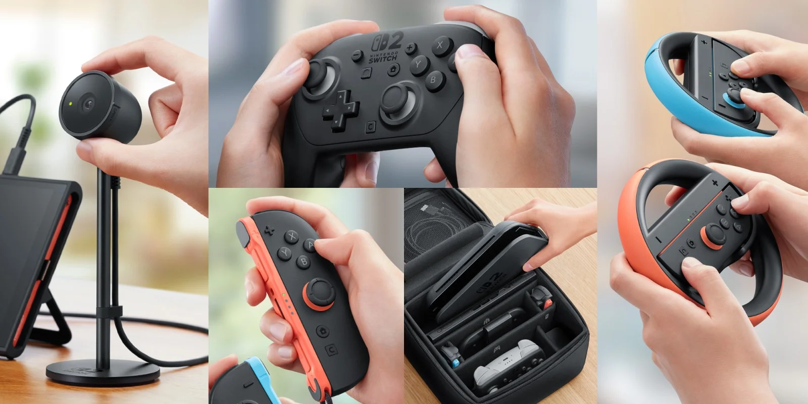 Collage of five photos showing the Nintendo Switch 2 accessories: the chat camera on its stand connected to the console, the black Pro Controller held by hands, a red right Joy-Con, the official carrying case with console and accessories inside, and two Joy-Cons attached to steering wheel accessories in blue and red
