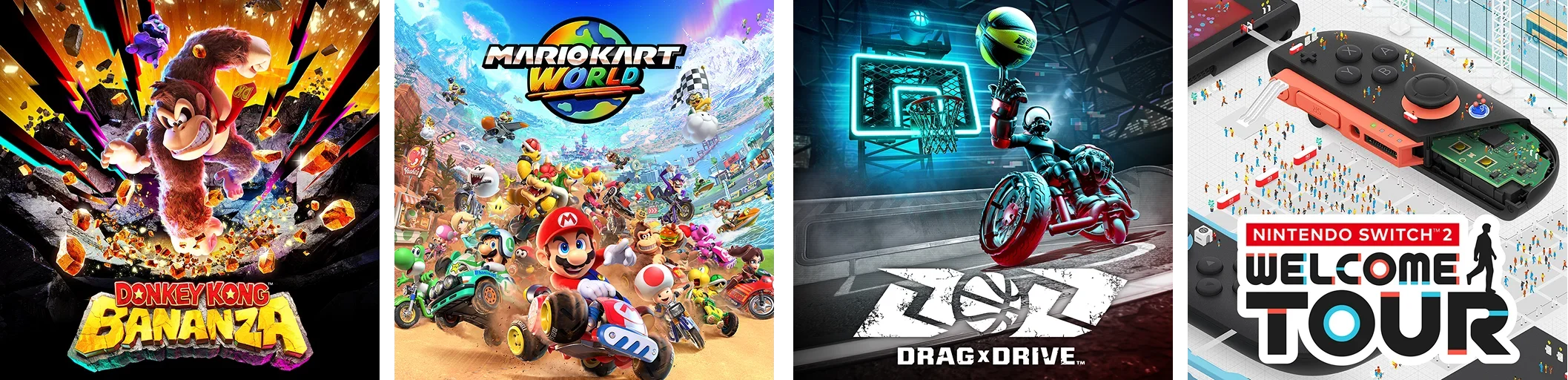 Horizontal mosaic with four covers from the Nintendo Switch 2 launch lineup: Donkey Kong Bananza with Donkey Kong breaking golden rocks, Mario Kart World with Mario and the complete roster on a track next to the game logo, Drag x Drive with a player in a wheelchair making a dunk in a cyberpunk-style court, and Nintendo Switch 2 Welcome Tour with an isometric view of the disassembled console and a character beside it