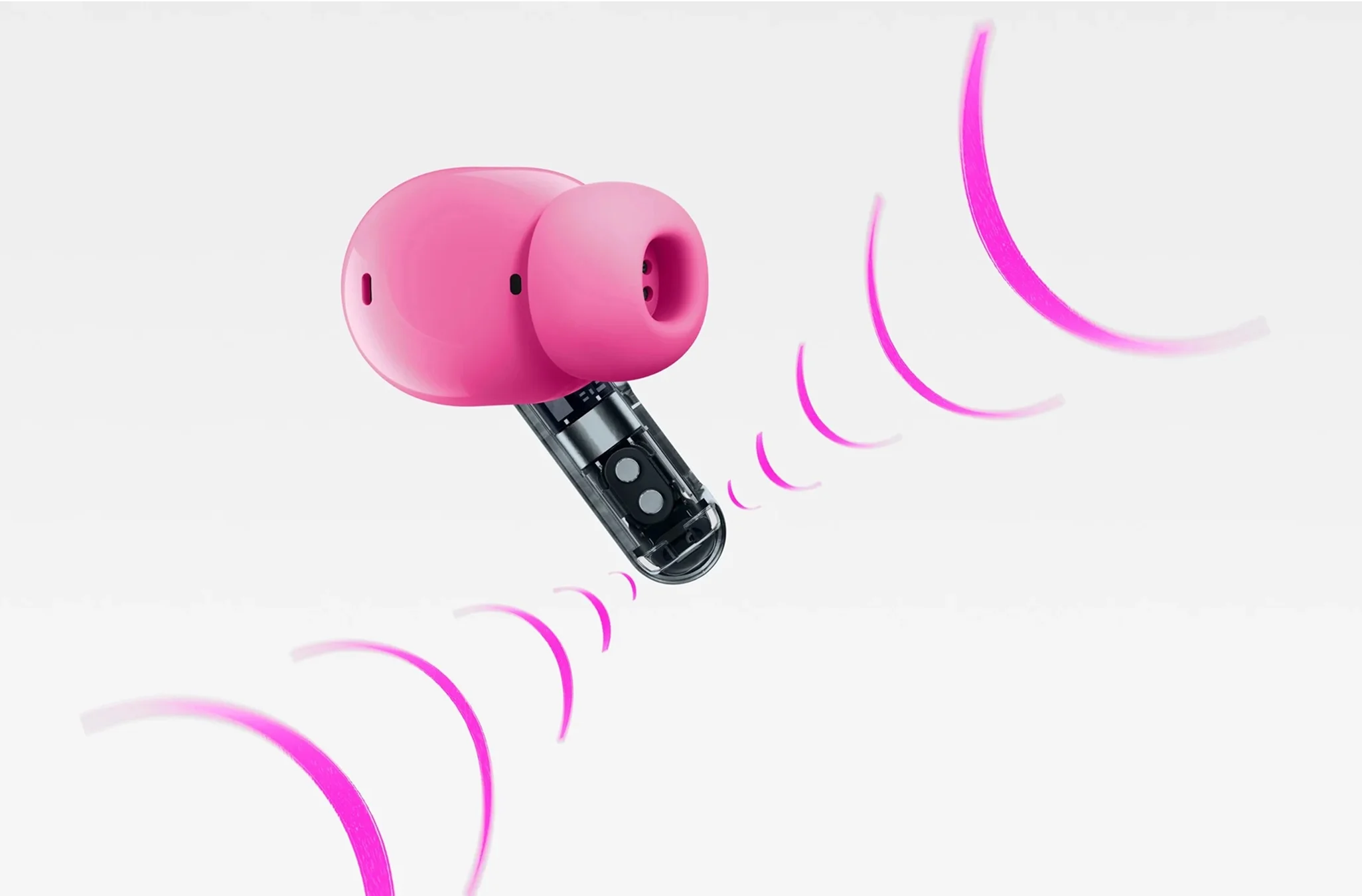 Auricular rosa del Nothing Ear (3a) visto desde atrás con las salidas de sonido y ondas dibujadas en rosa