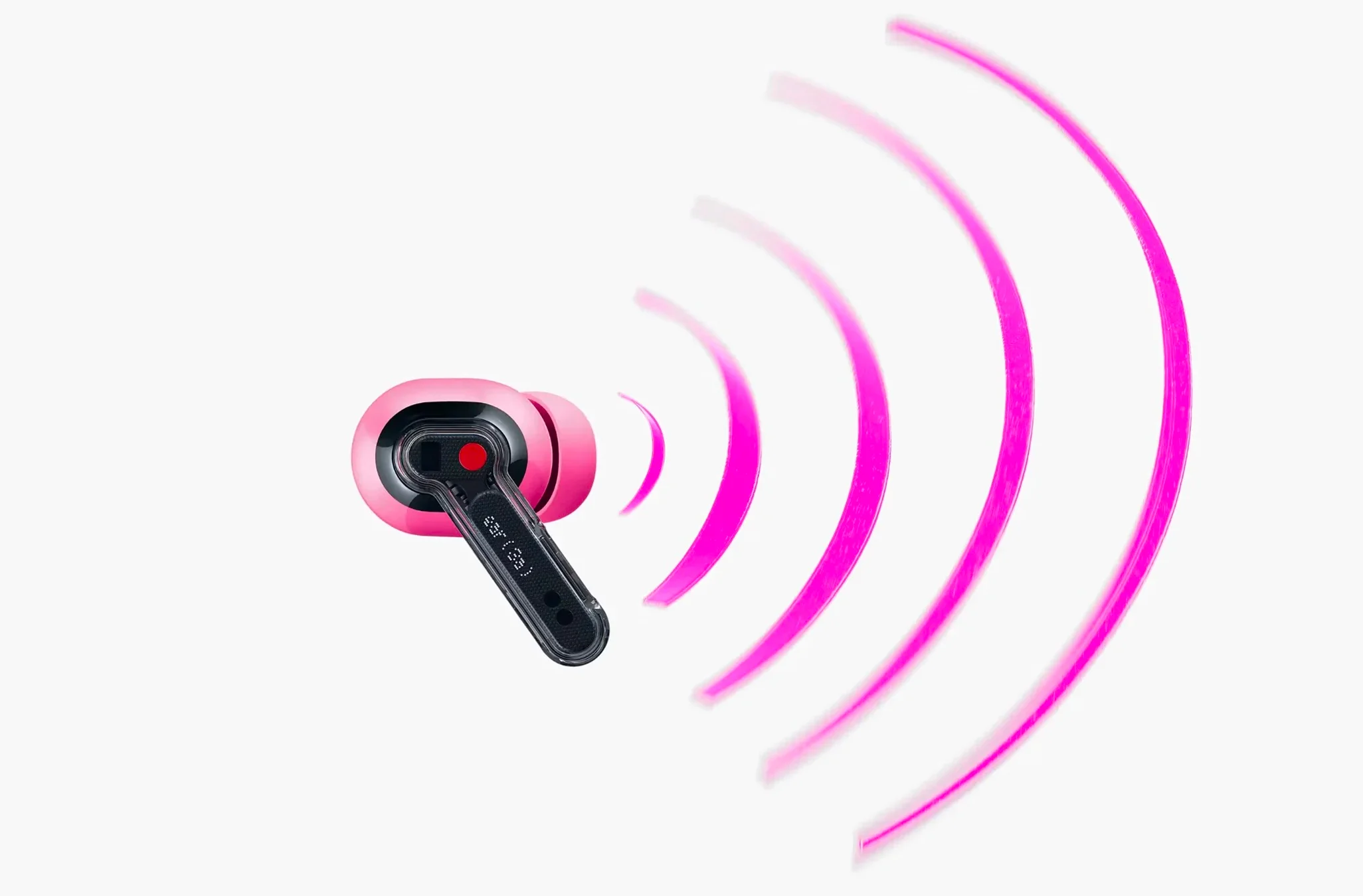 Auricular rosa del Nothing Ear (3a) de frente con ondas concéntricas rosas que se expanden hacia un costado