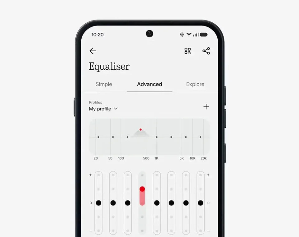 Pantalla del ecualizador avanzado de la app Nothing X con las ocho bandas de ajuste