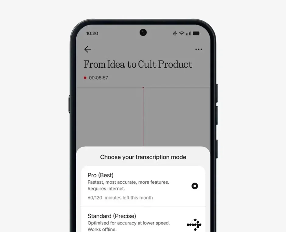 Pantalla de la app Nothing X para elegir modo de transcripción con los minutos restantes del plan Pro