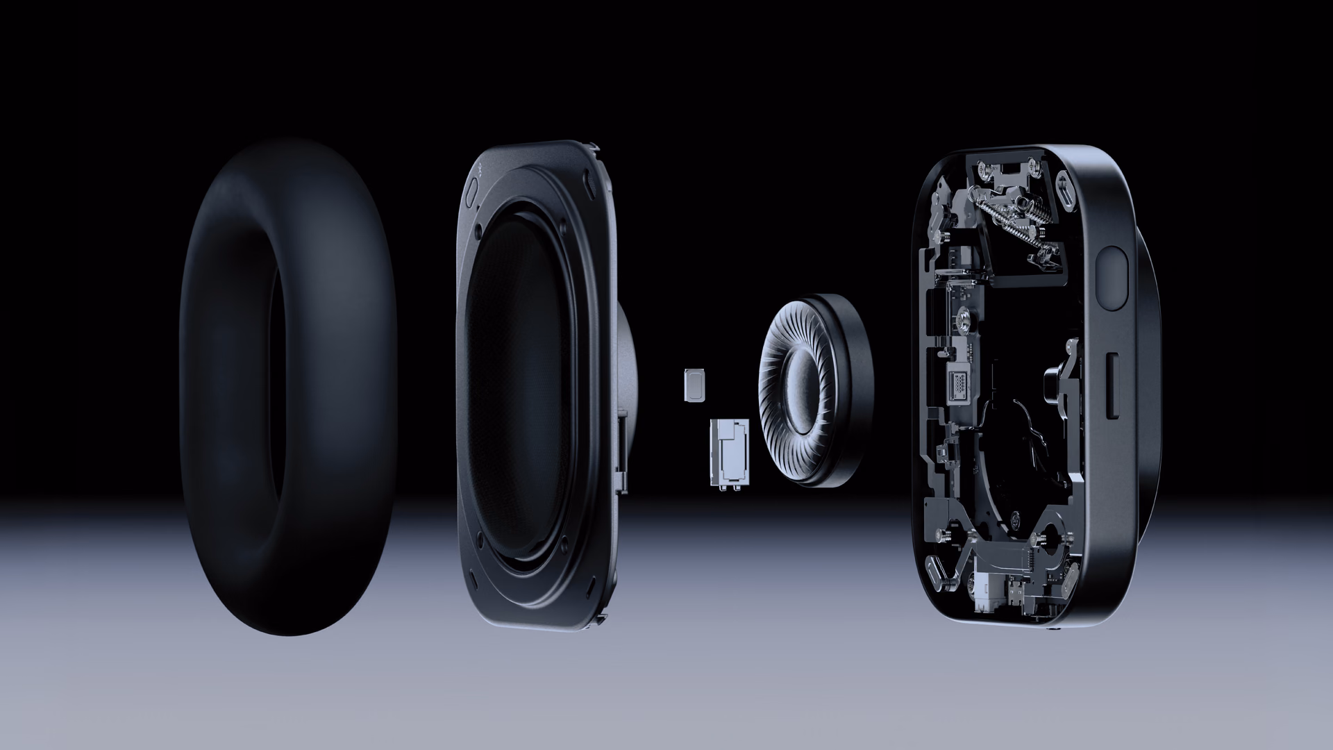 Exploded view of a Headphone (1) Pro earcup with ear cushion, housing, drivers, and board