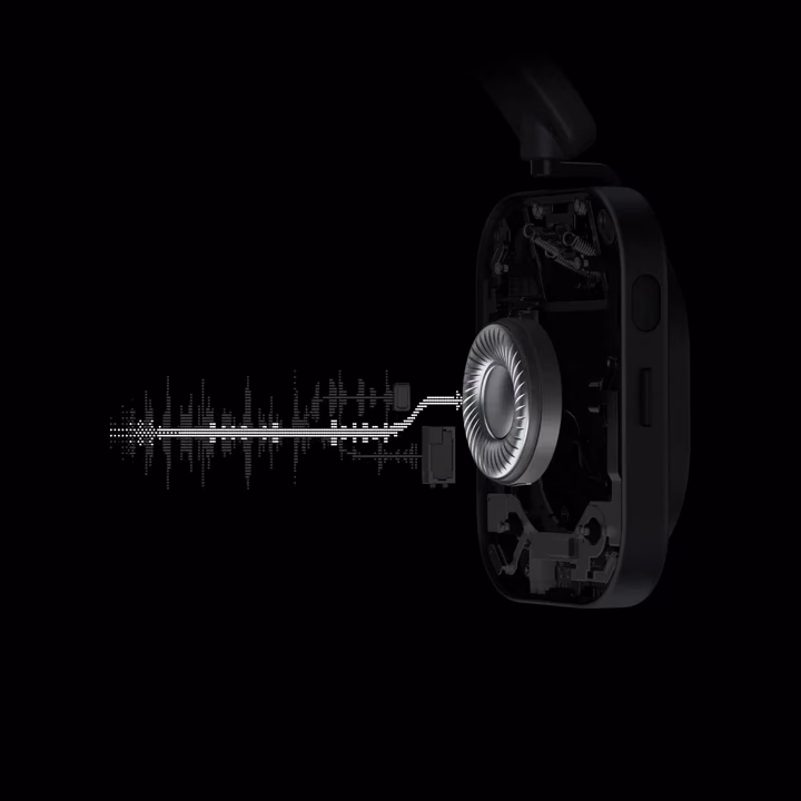 Cutaway of the earcup with the large bass driver illuminated and its sound wave