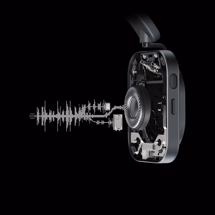 Cutaway of the earcup with the three drivers active and the full sound wave