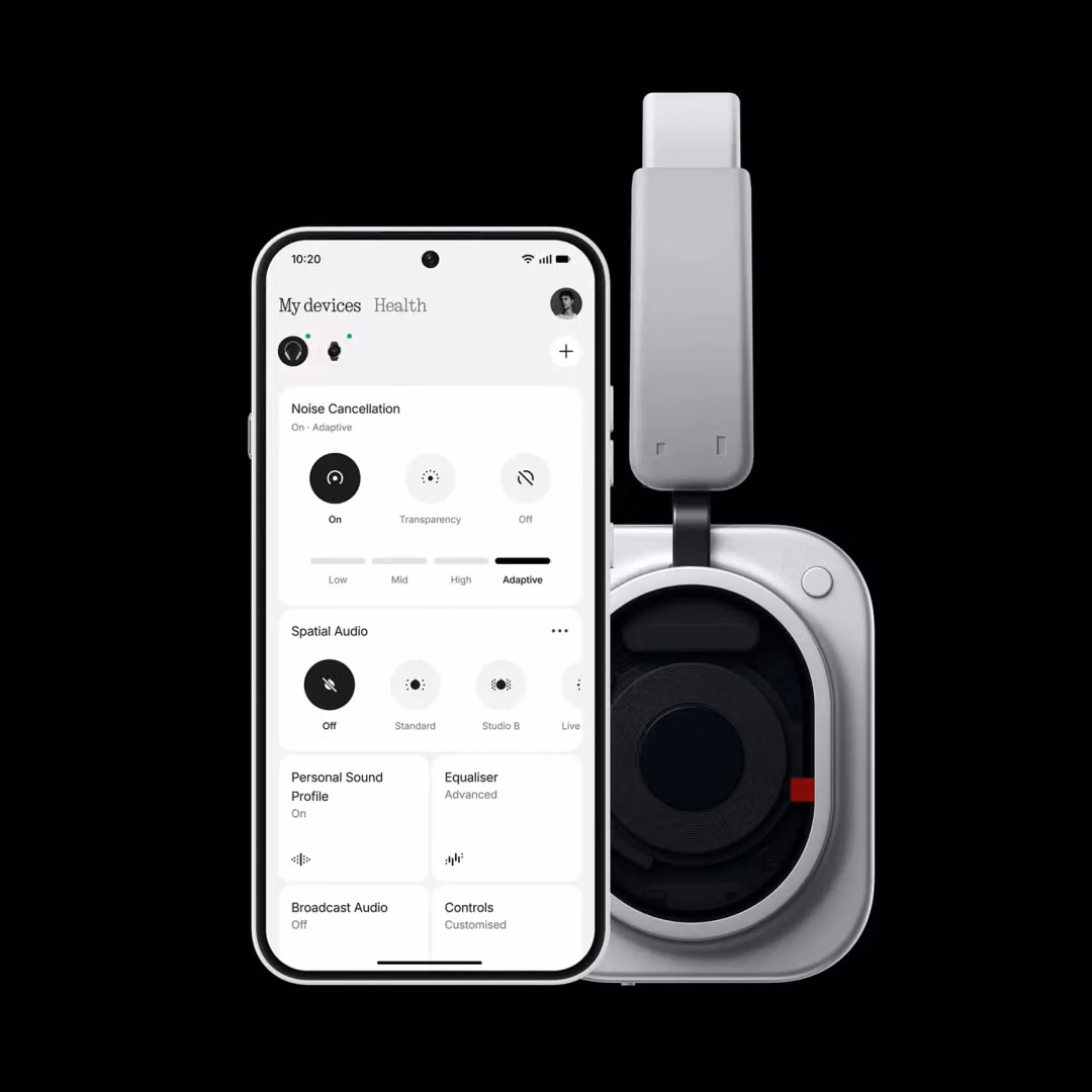 Nothing X app with cancellation settings next to a white earcup