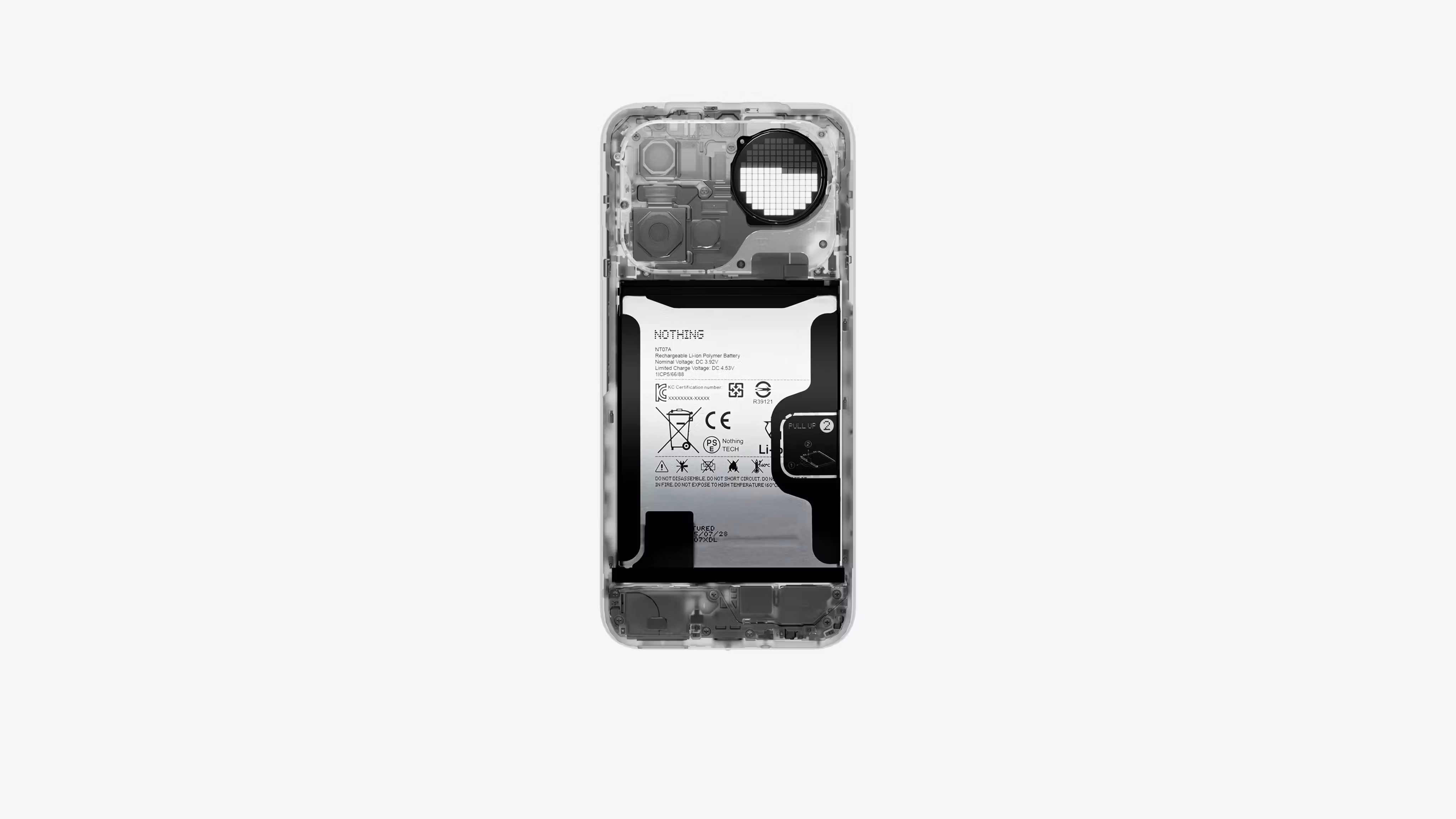 Radiografía del Nothing Phone (4a) Pro que muestra la batería y la disposición interna de los componentes