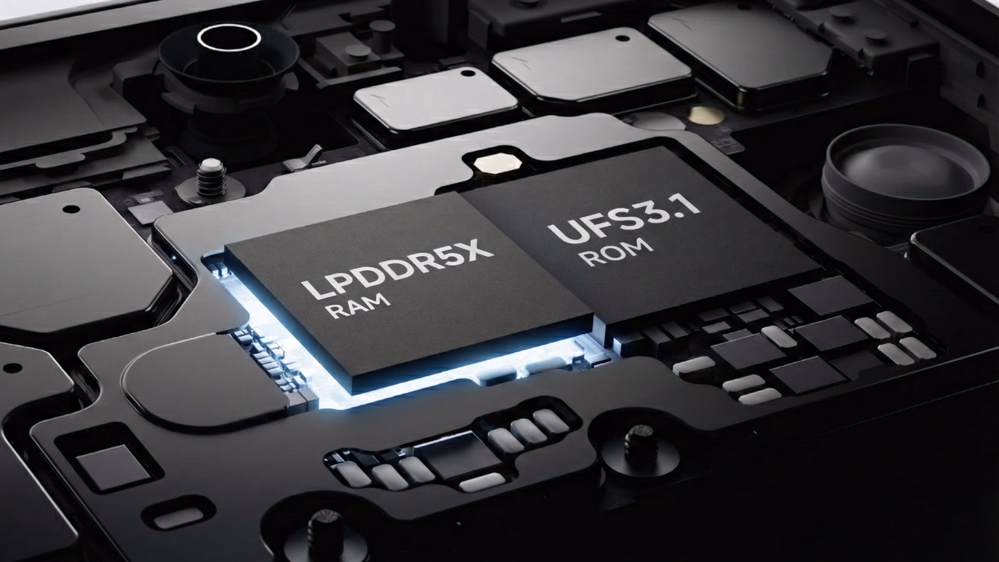 Render de los chips de memoria LPDDR5X y almacenamiento UFS 3.1 del Nothing Phone (4a) Pro