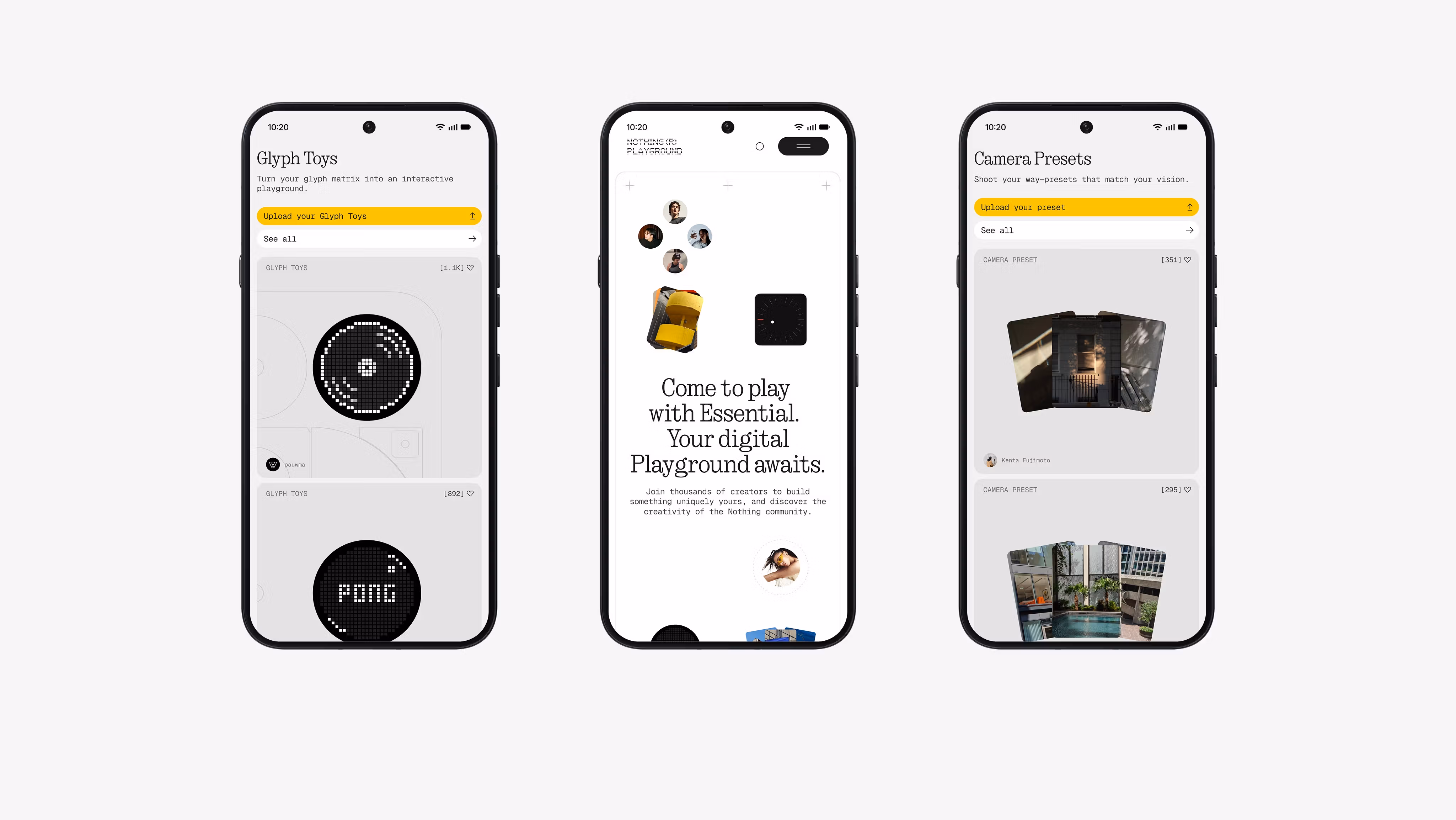 Tres Nothing Phone (4a) Pro mostrando las secciones Glyph Toys, Playground y Camera Presets